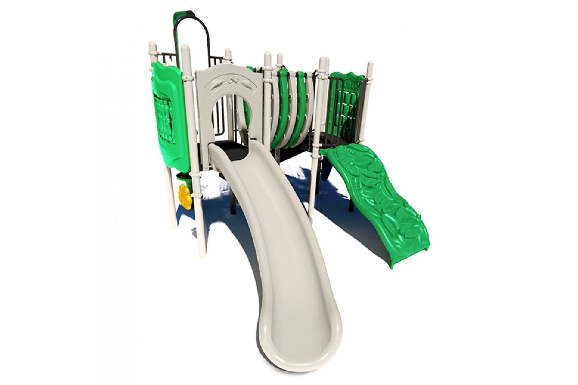 Sunnyside Play System with green and beige slides, vine and beanstalk climbers, drum and rain wheel on compact playground structure