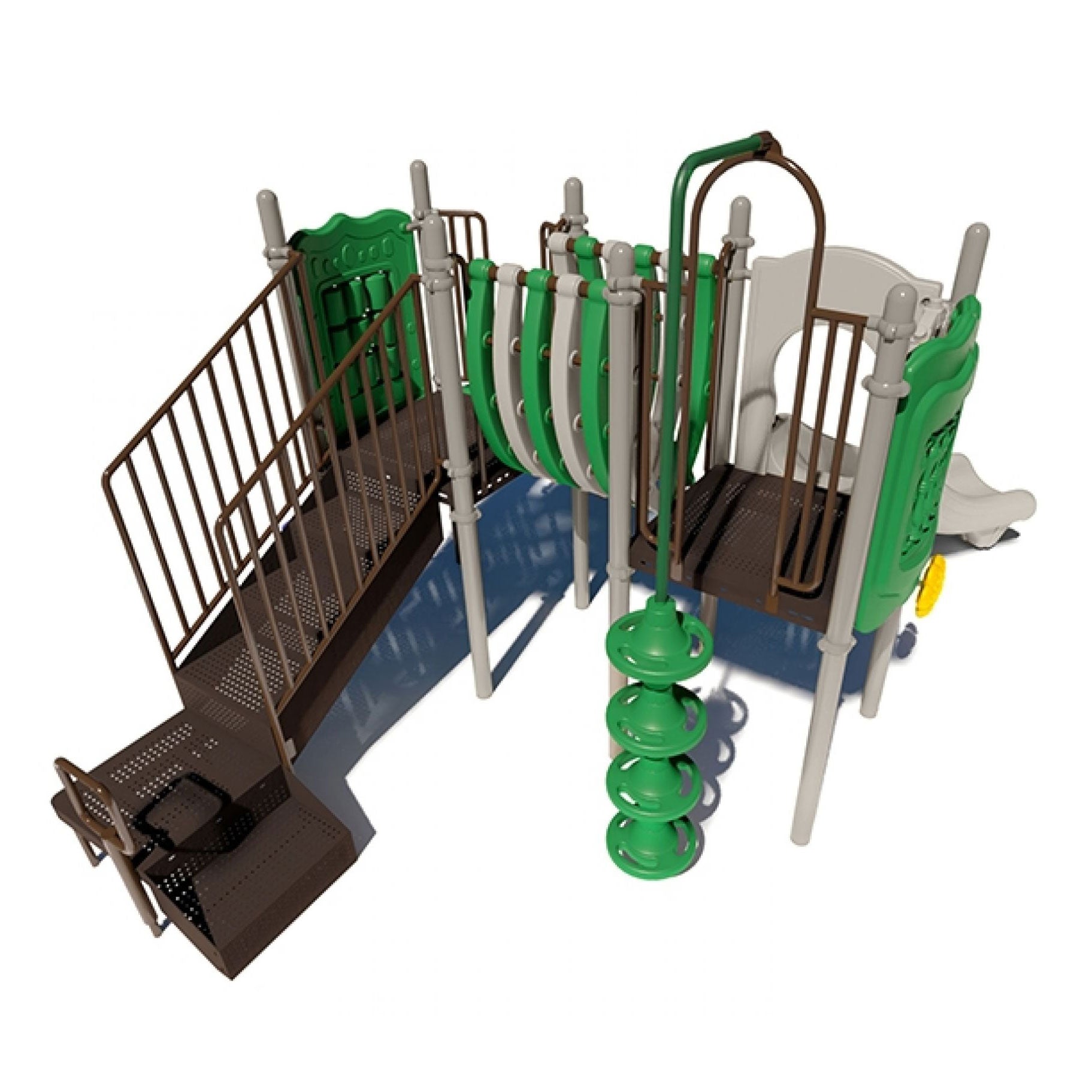Compact playground structure with green and brown climbing elements, a slide, vine and beanstalk climbers, and interactive ground-level play features.