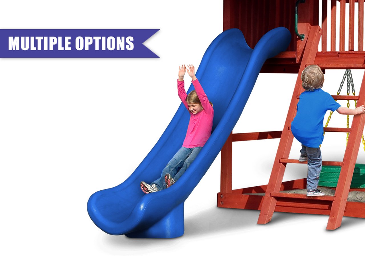 Blue double wall scoop slide attached to wooden playset with children climbing ladder and sliding down