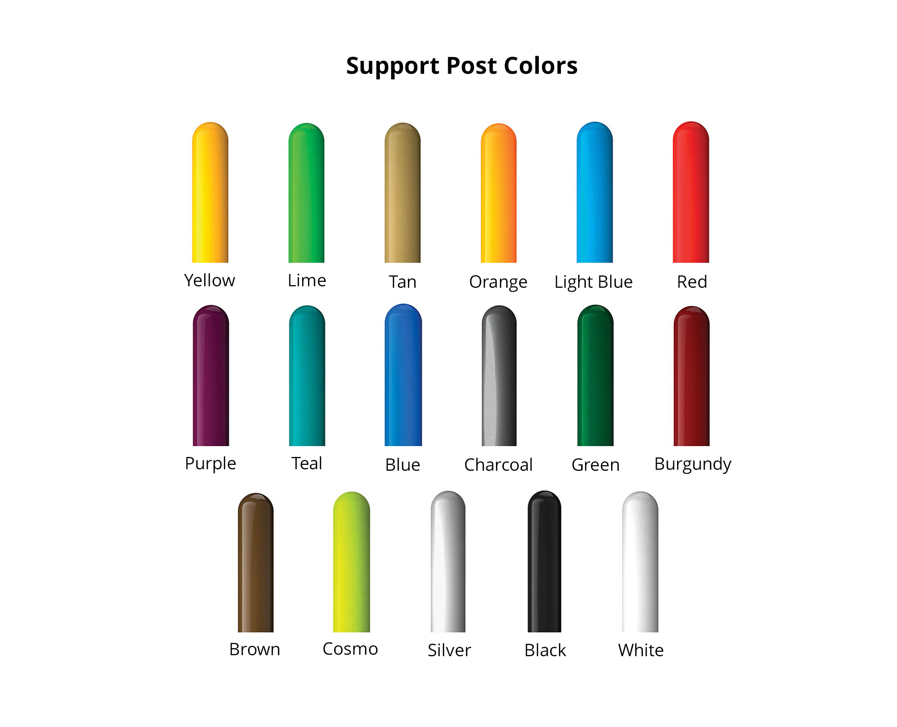 Playground support post color palette, grid of glossy swatches in warm, cool, and neutral tones for large play systems