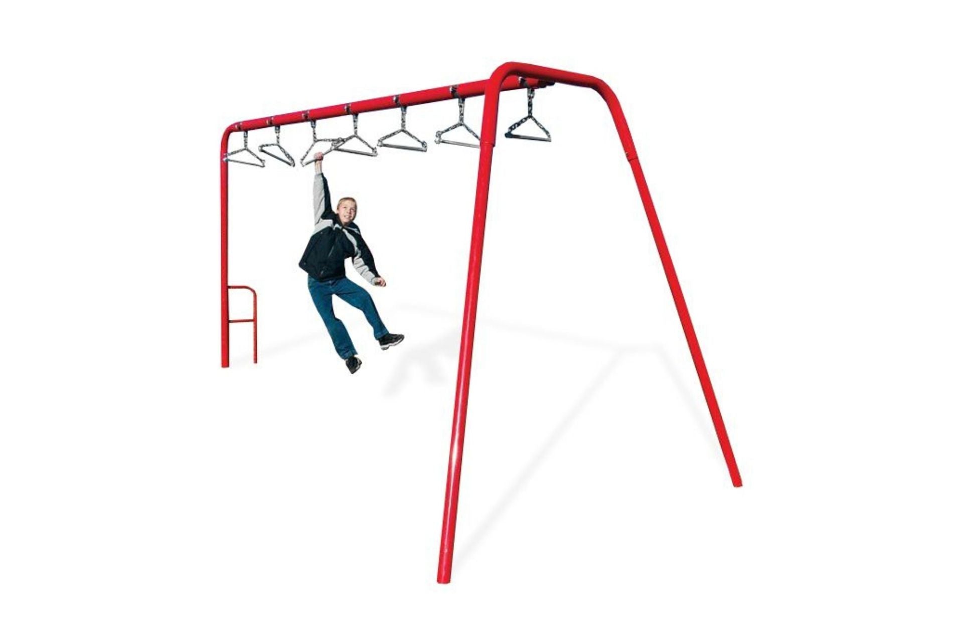 Swing Bars Challenge outdoor fitness equipment with red frame and hanging triangular swing bars, child using apparatus in playground