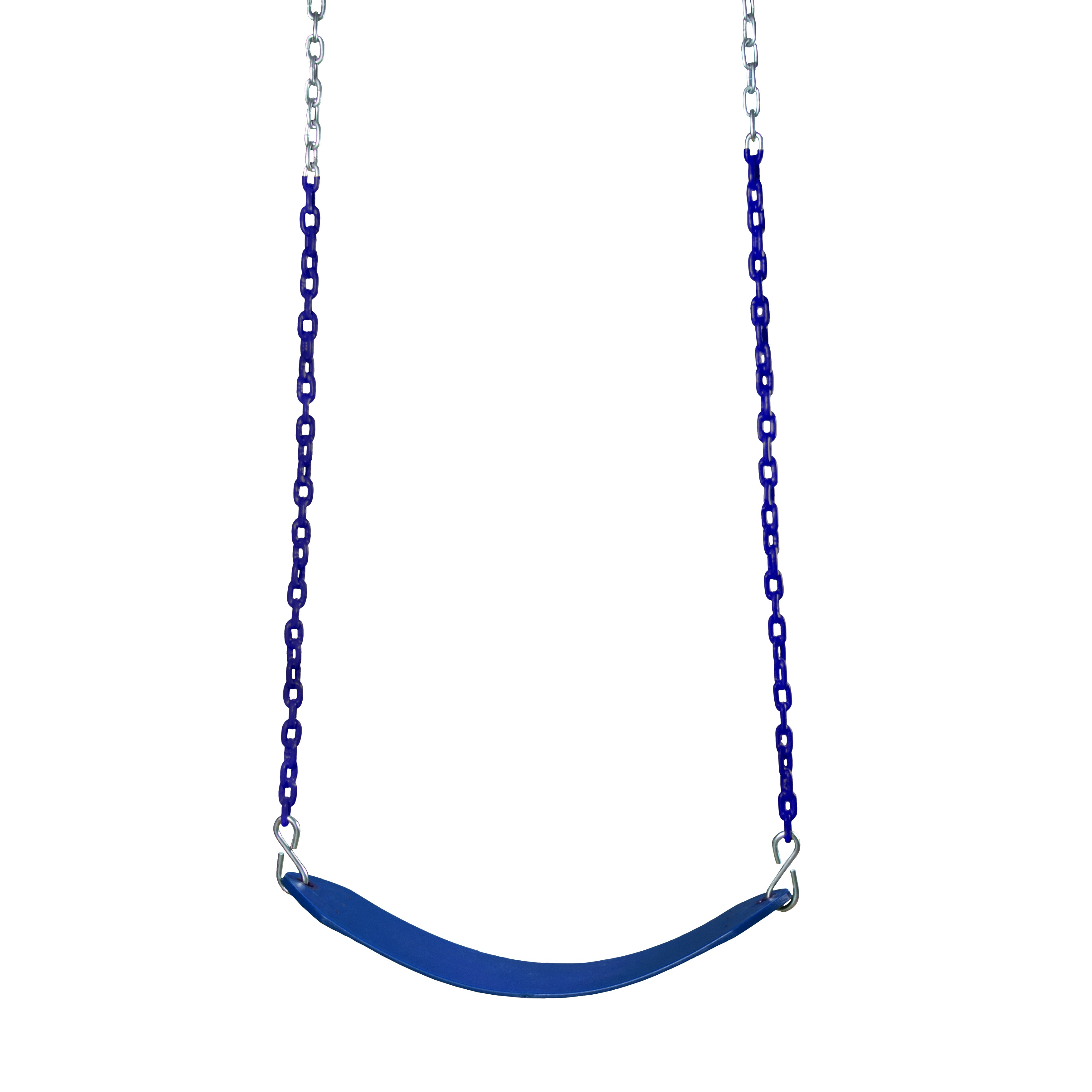 Blue injection molded belt swing with grippy plastic-coated blue chains for playground use