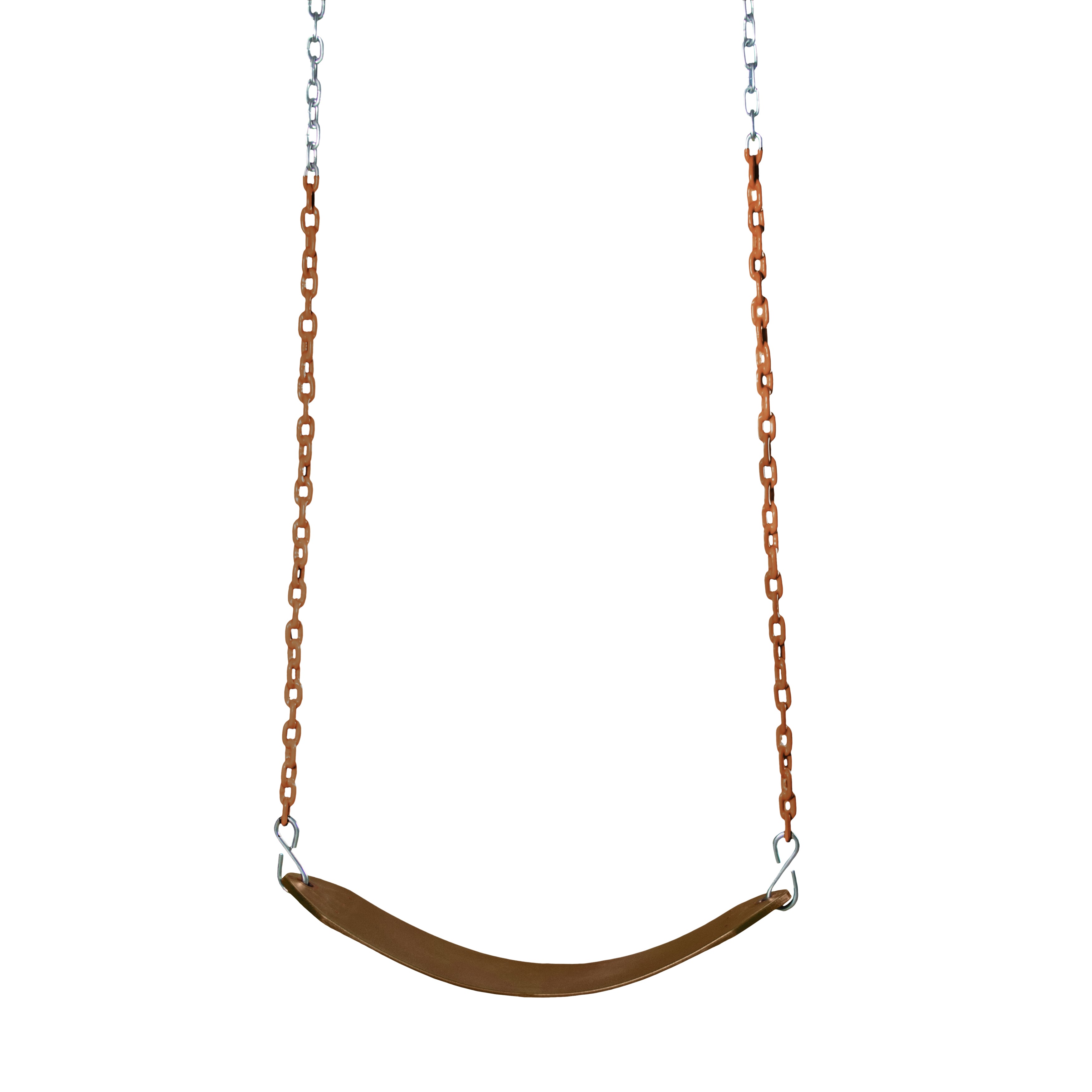 Brown injection molded swing belt with plastisol-coated safety chains, UV resistant and grippy for outdoor playsets