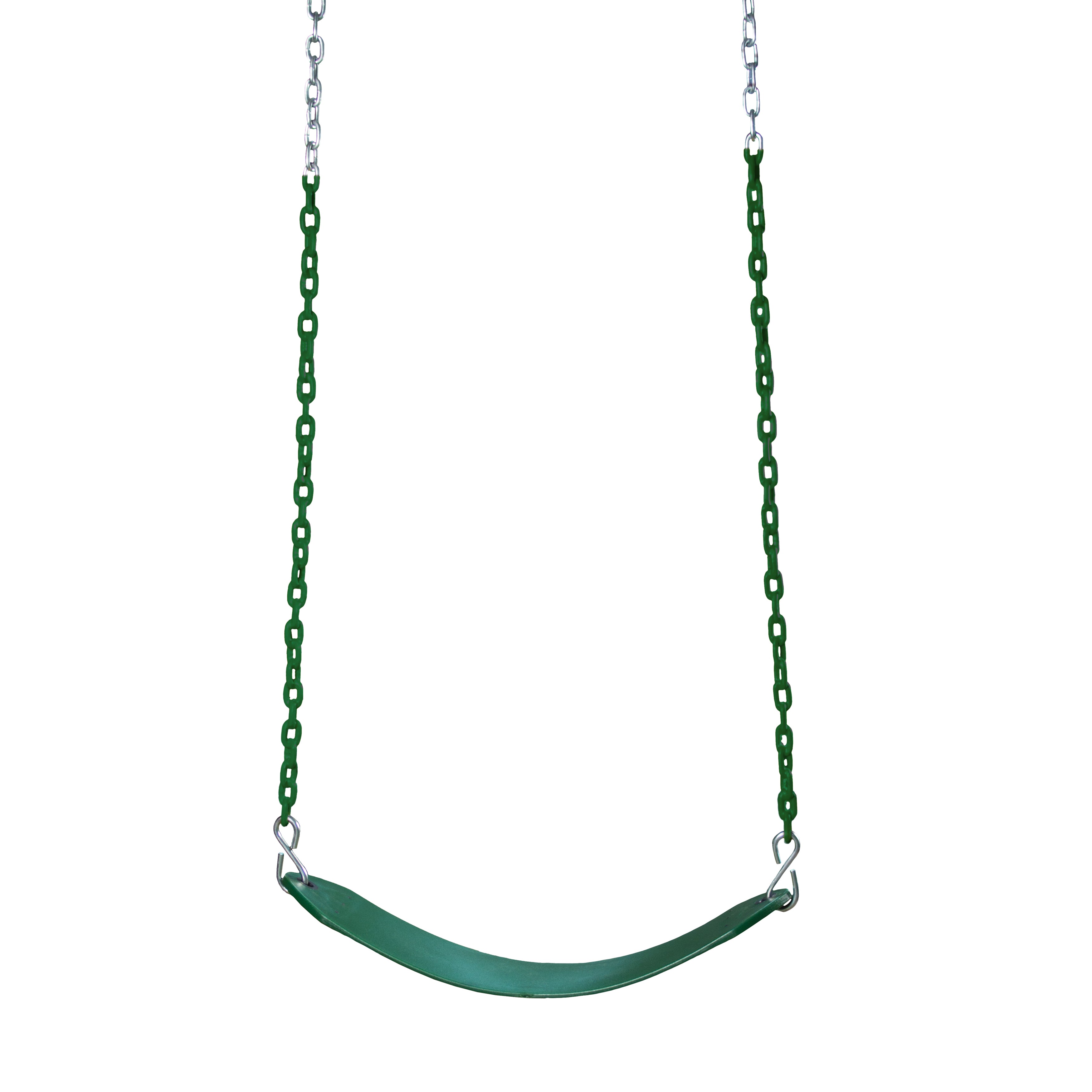 Green belt swing with grippy coated chains designed for safety, UV resistance, and comfort on playground sets.