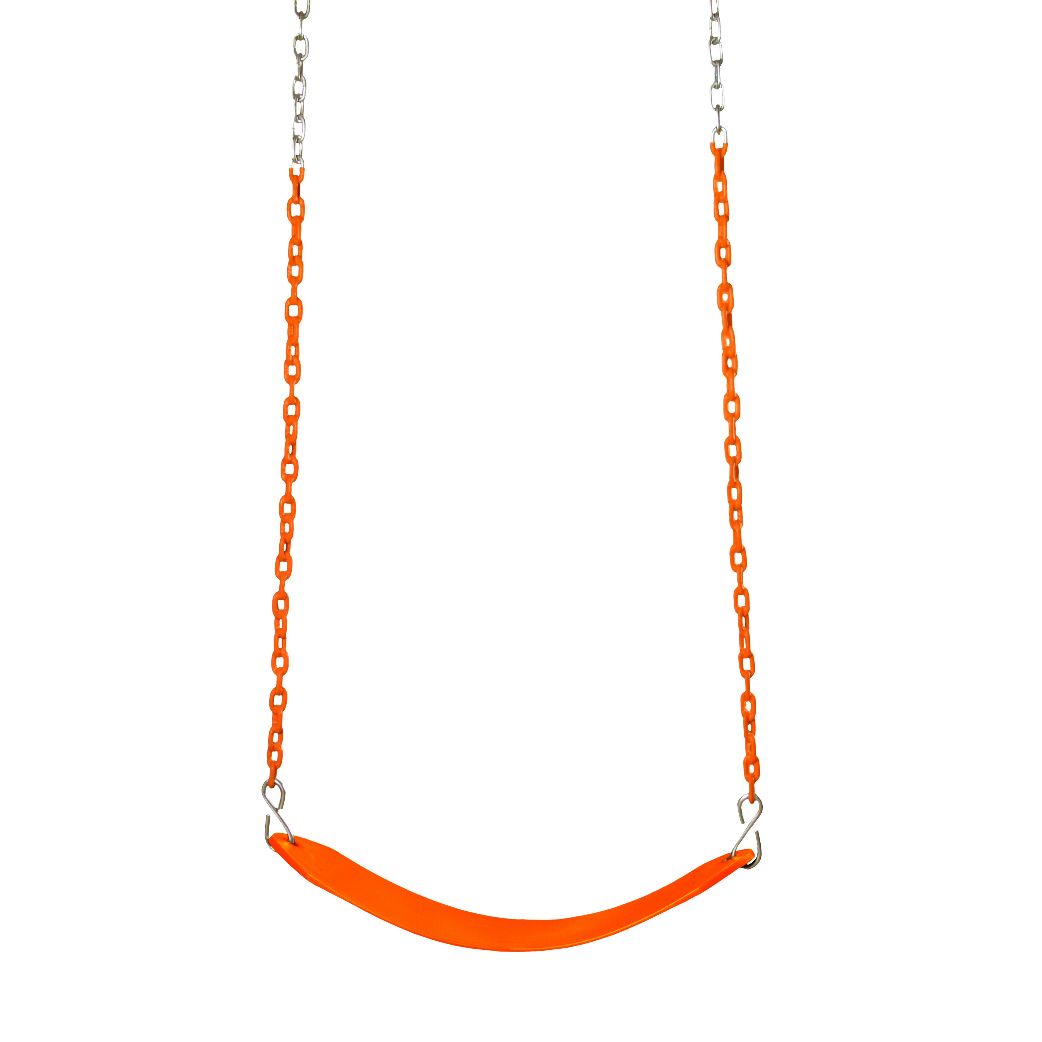 Bright orange one-piece injection molded swing belt with grippy coated chains for safety and UV protection