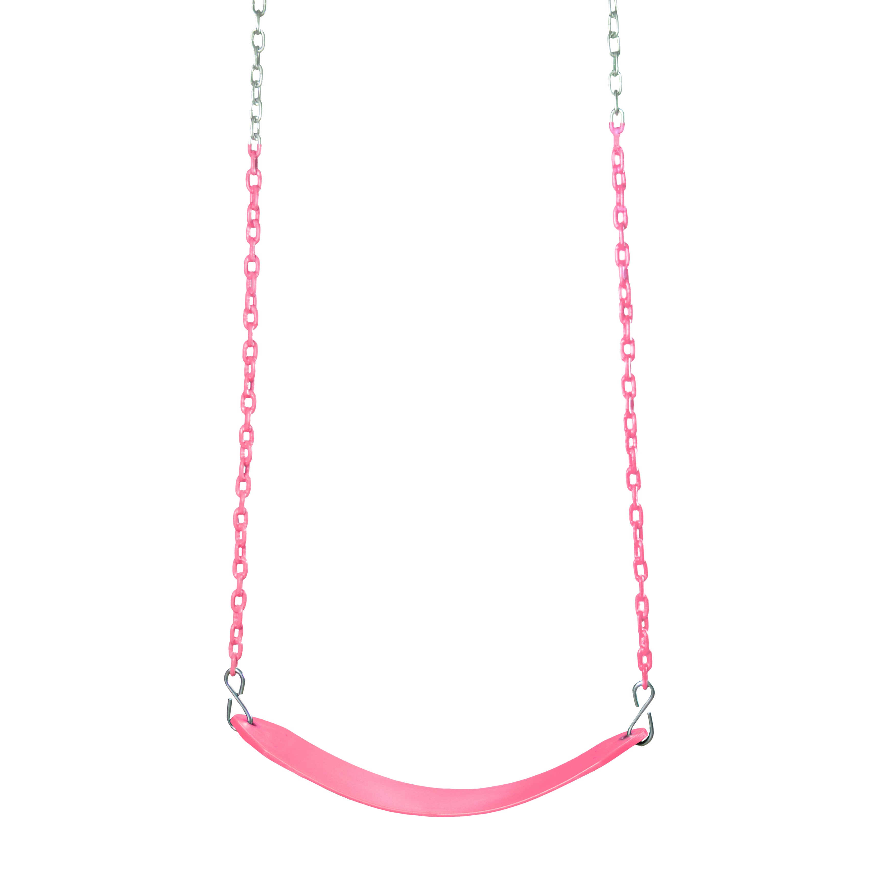 Pink flexible belt swing with grippy coated pink chains and metal hooks for playground use