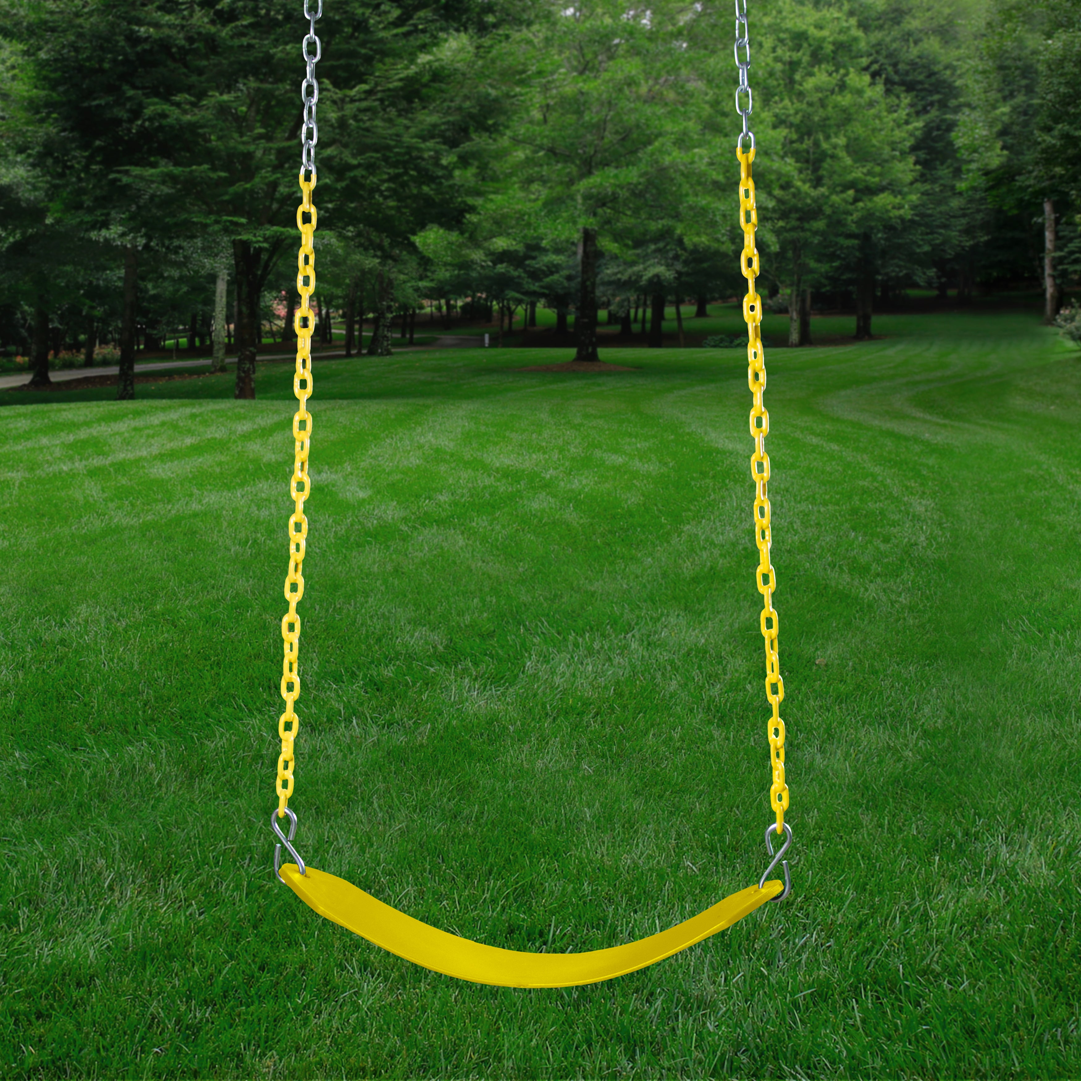 Belt Swing With Coated Chain by WillyGoat, yellow swing seat with yellow grippy coated chains in green park setting