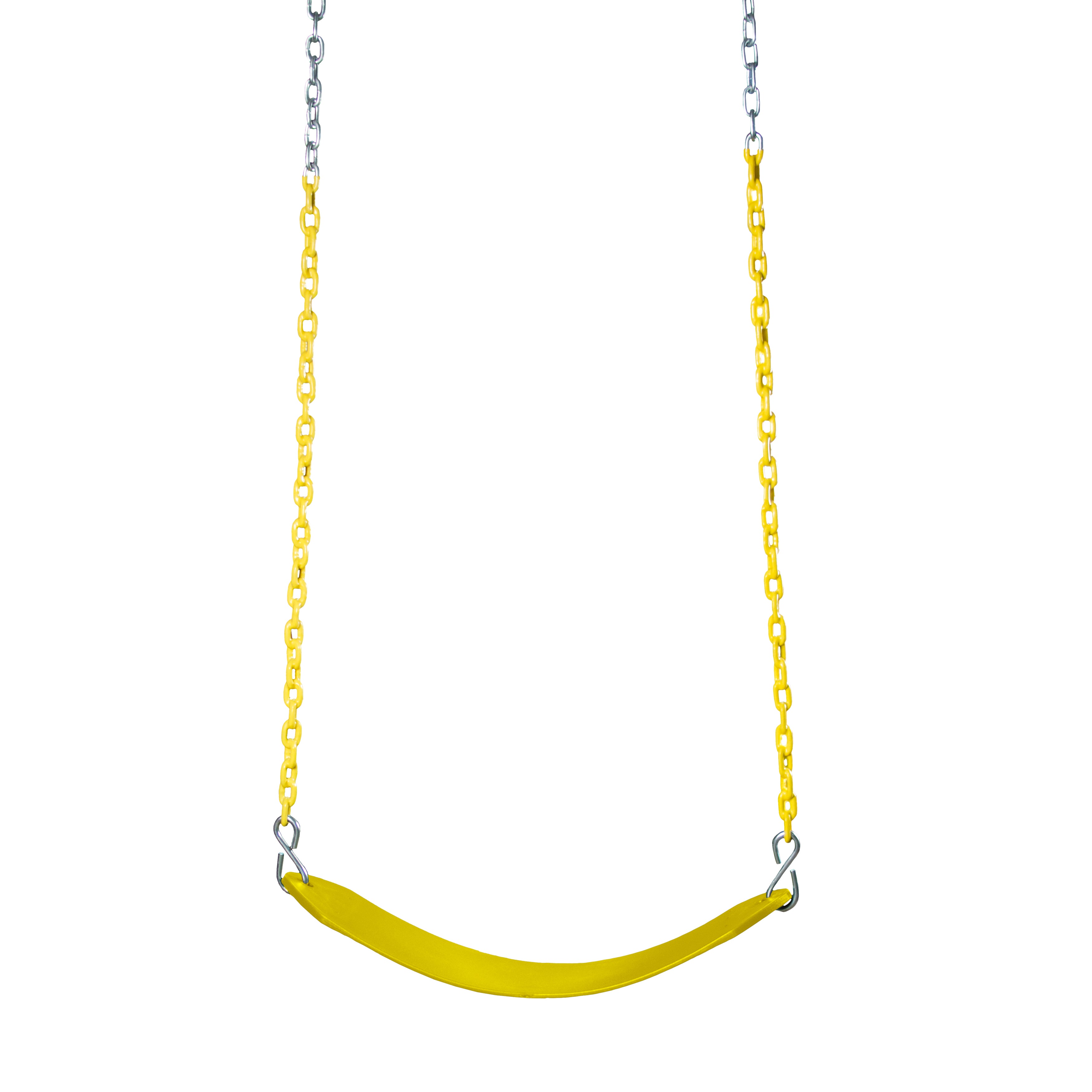 Yellow belt swing with grippy coated yellow chains and metal hooks, designed for playground safety and UV resistance.