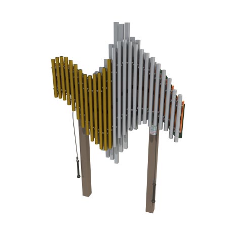 Outdoor musical instrument shaped like a manta ray with yellow and silver metal chimes mounted on steel posts