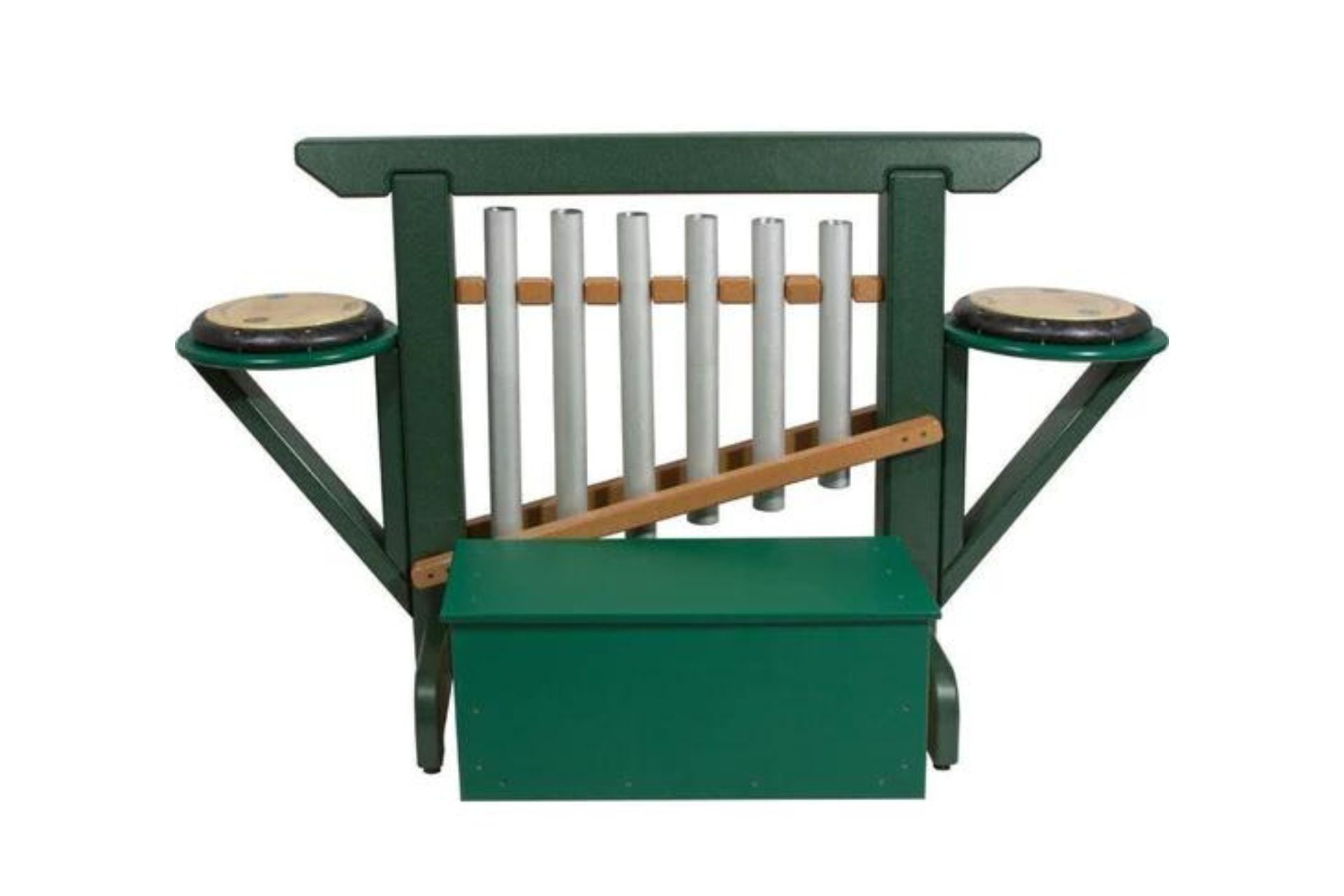 THRONE of GAMES Chime Unit & Storage Bench in green cedar with six metal chimes, two side drums, and storage compartment