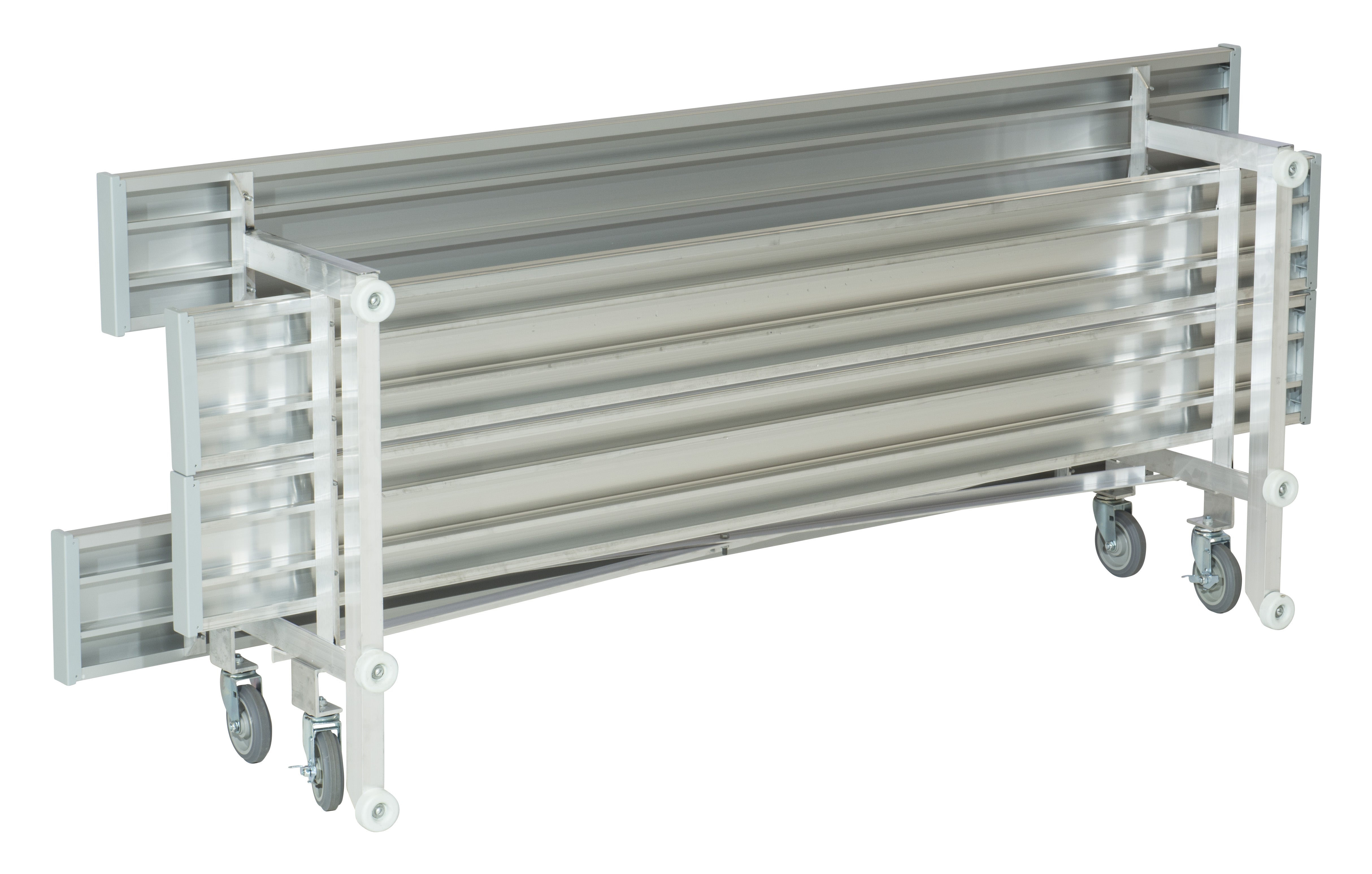 Folded two-row aluminum bleachers with swivel casters and rubber foot pads for indoor mobility and floor protection
