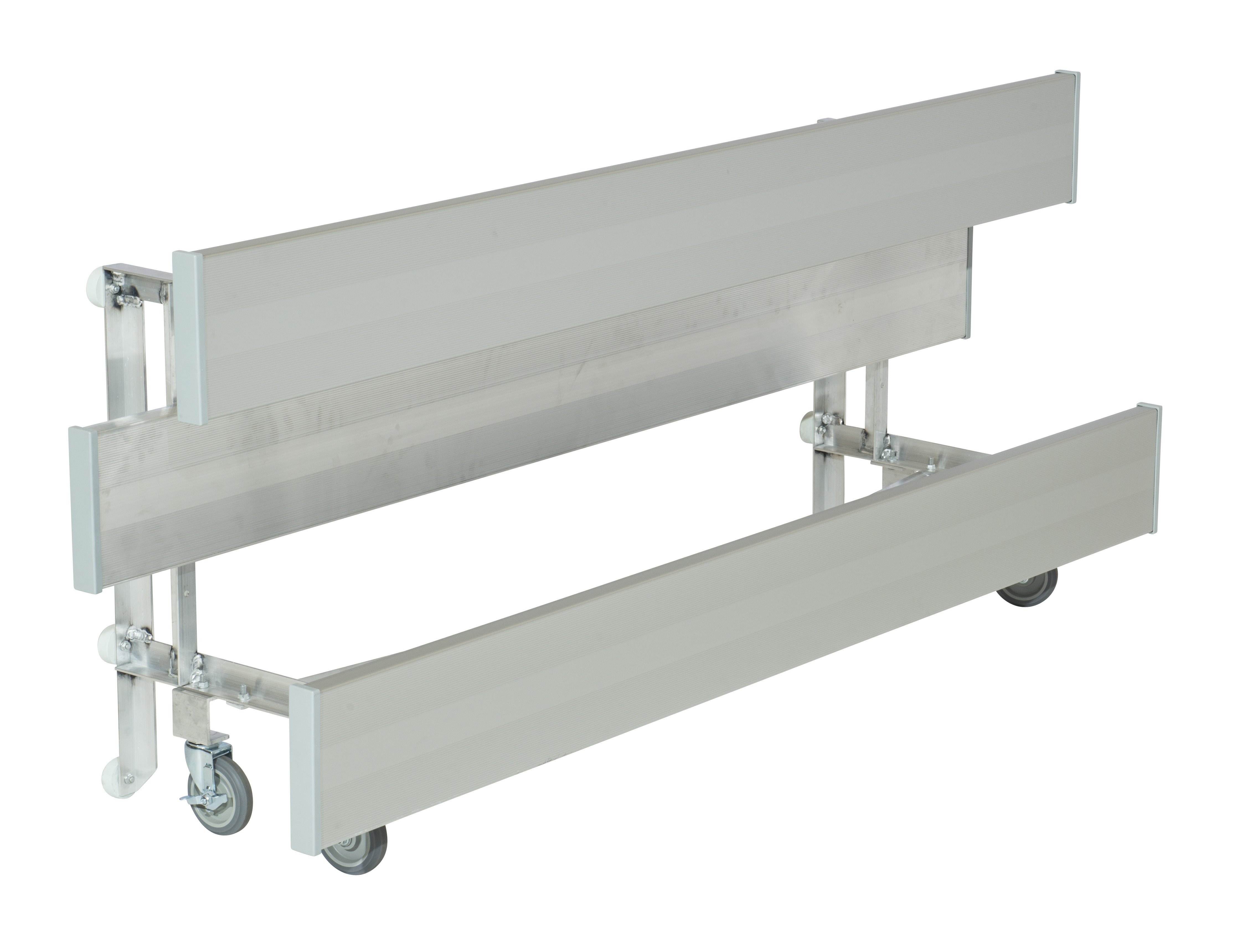 2 Row Tip N' Roll Standard Bleachers with aluminum frame, swivel casters, and non-marring rubber foot pads for easy mobility and floor protection