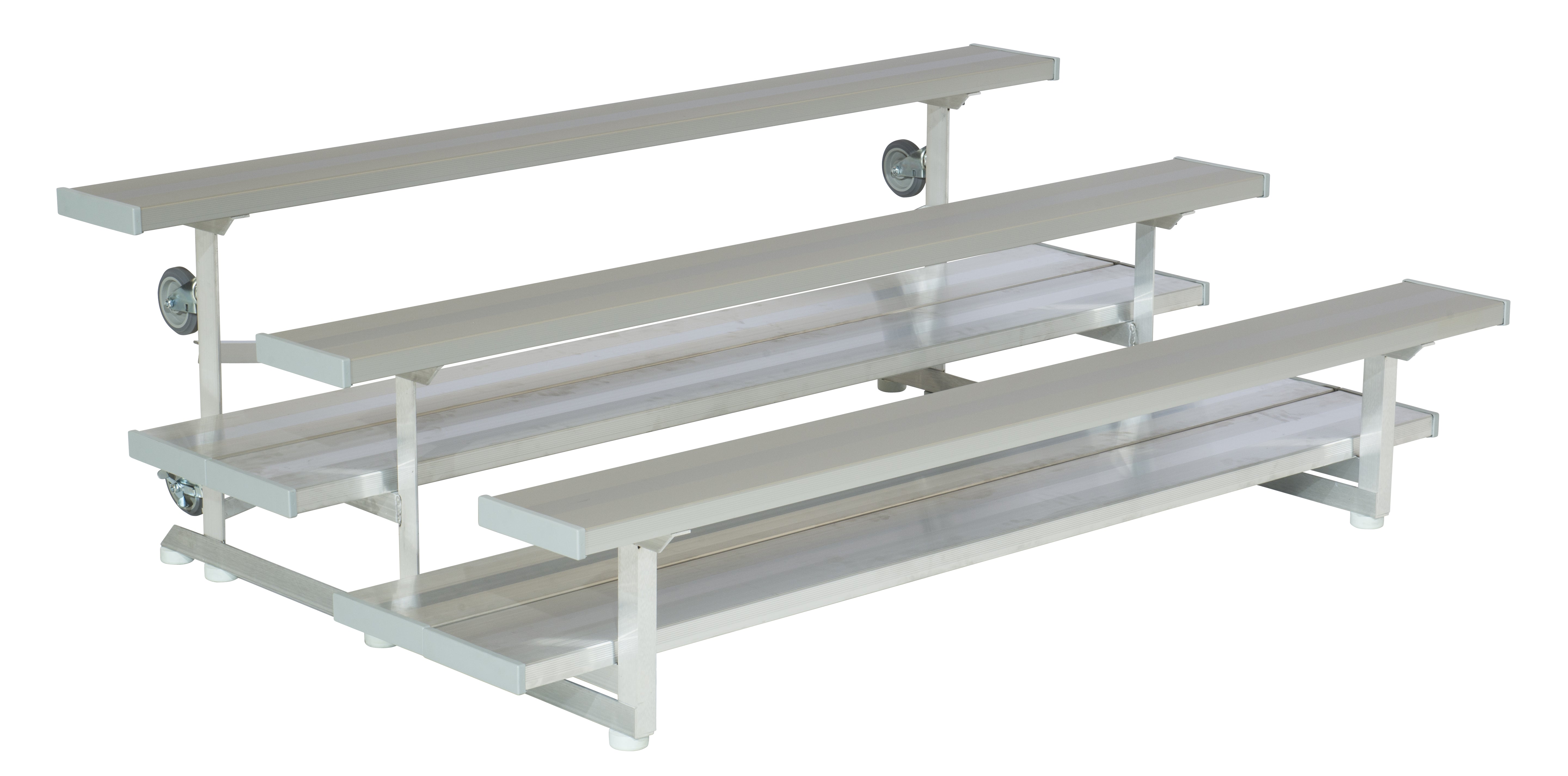 Aluminum 3-row indoor bleachers with anodized seat planks, caster wheels, and tip-and-roll mobility for flexible sports seating