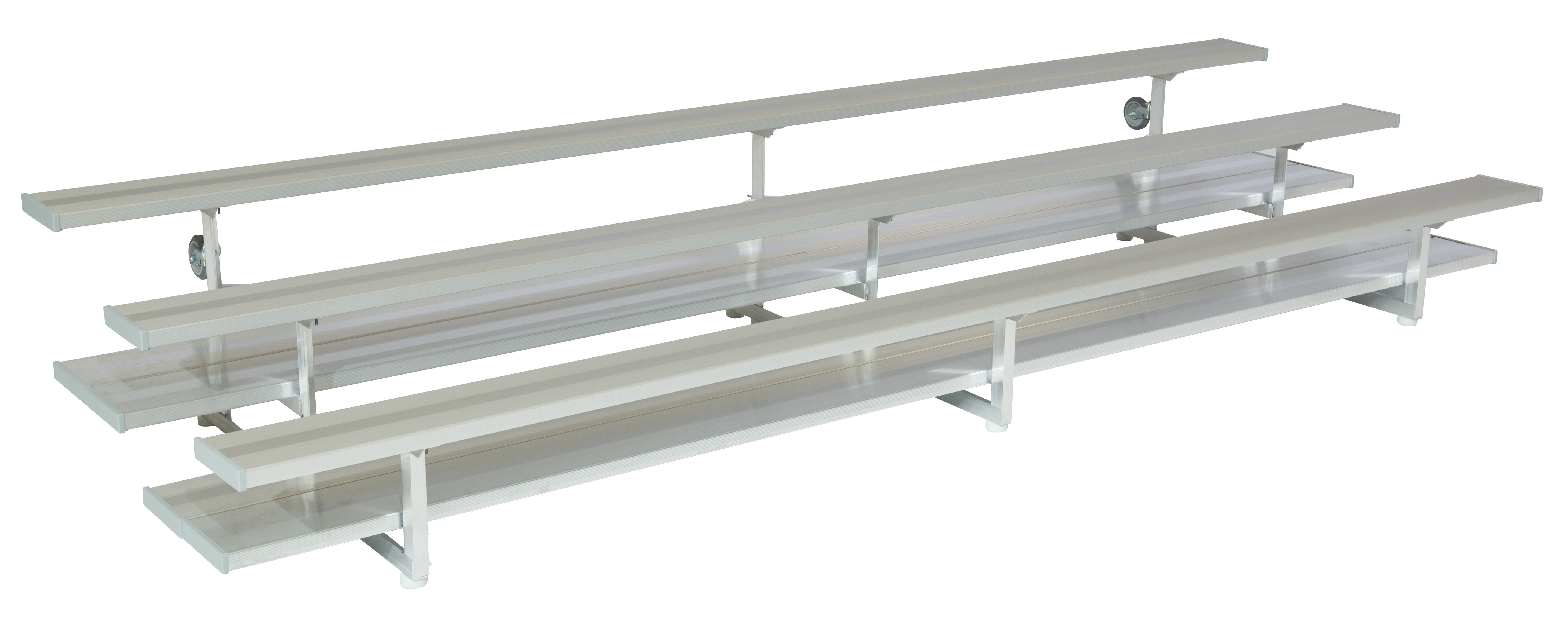 Three-row aluminum bleachers with anodized seat planks and caster wheels for easy mobility and storage