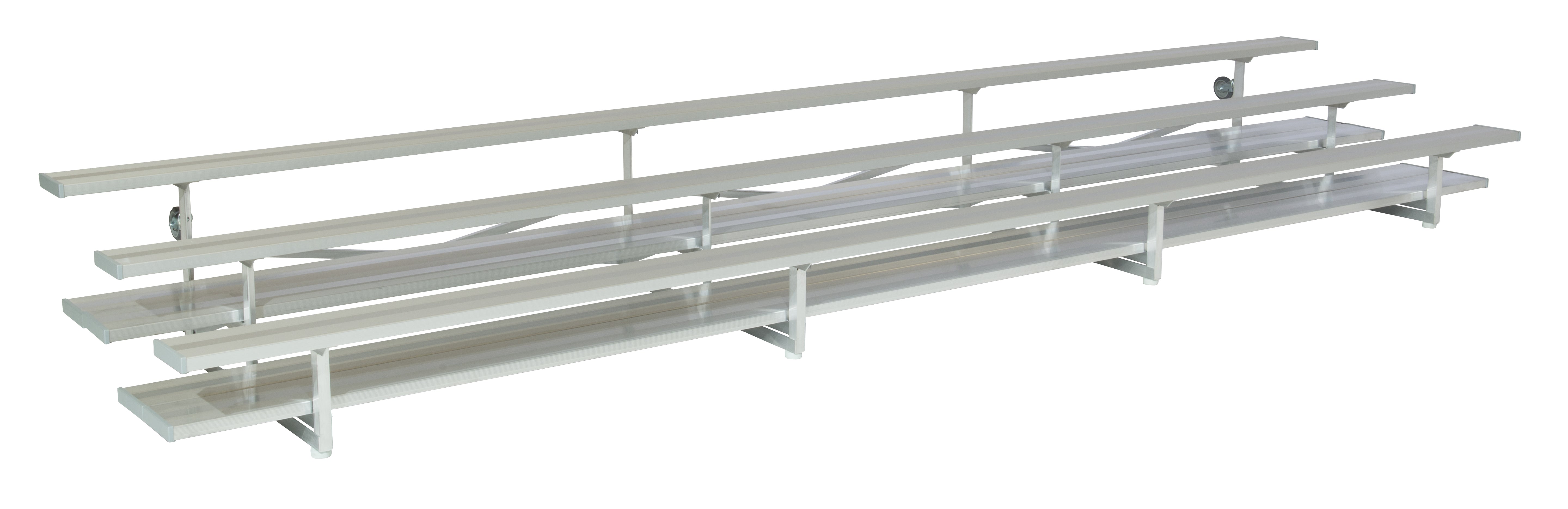 Three-row aluminum bleachers with anodized seat planks and caster wheels for easy indoor mobility and flexible seating arrangements