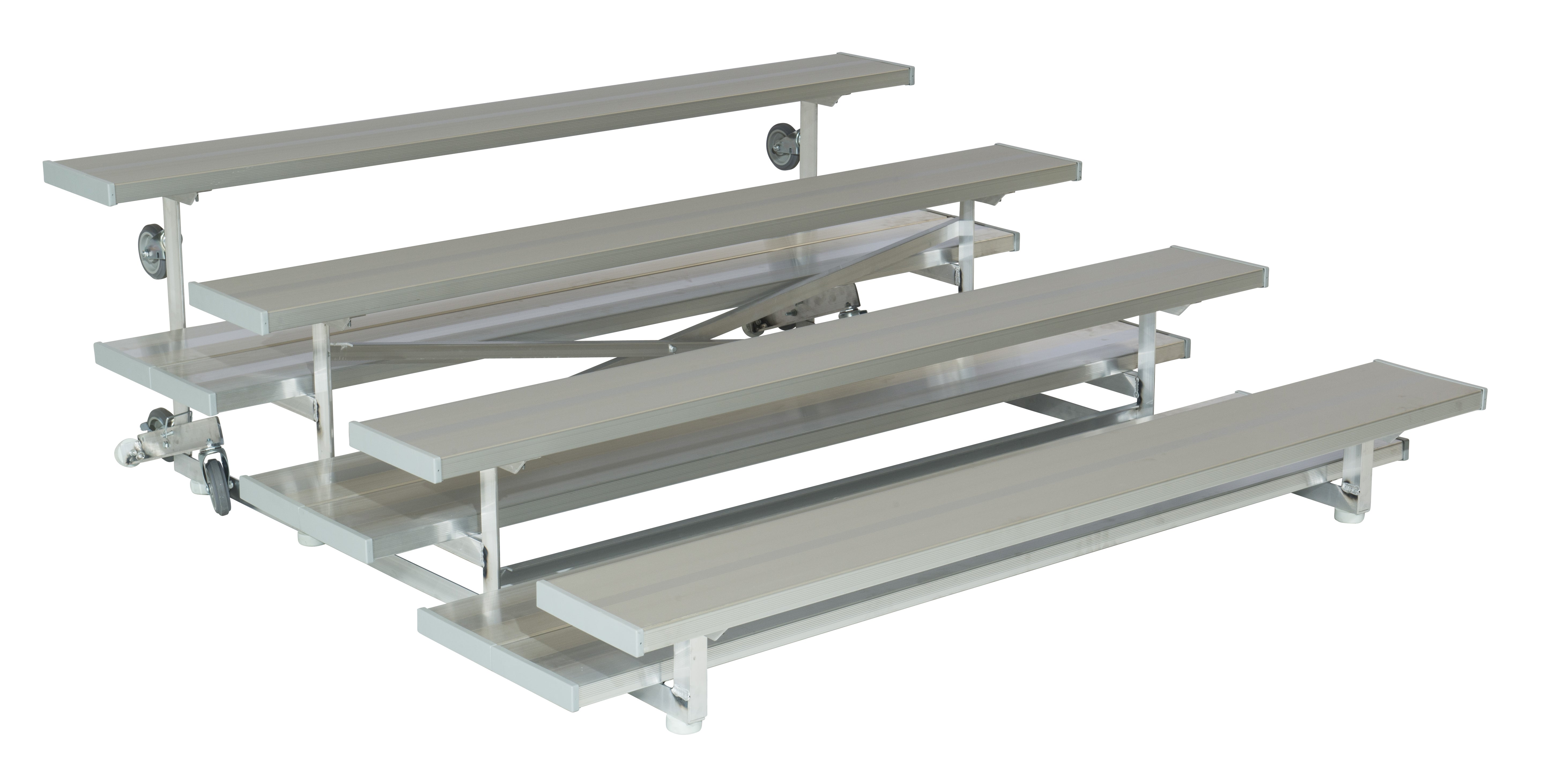 Aluminum low-rise bleachers with four anodized seats and integrated swivel casters for easy mobility and storage