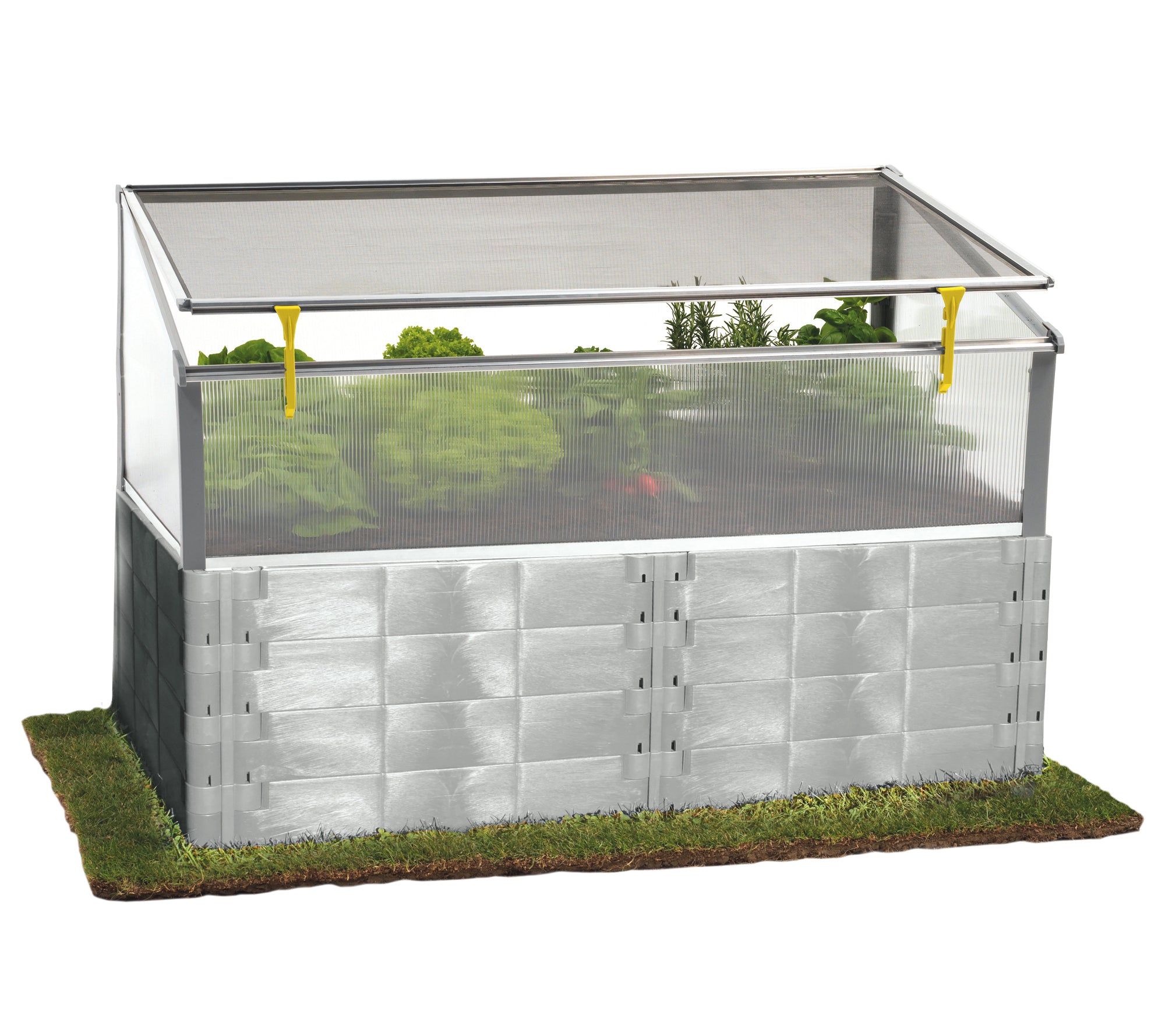 Double-height raised garden bed with textured plastic panels, transparent polycarbonate cold frame cover, and green leafy plants inside