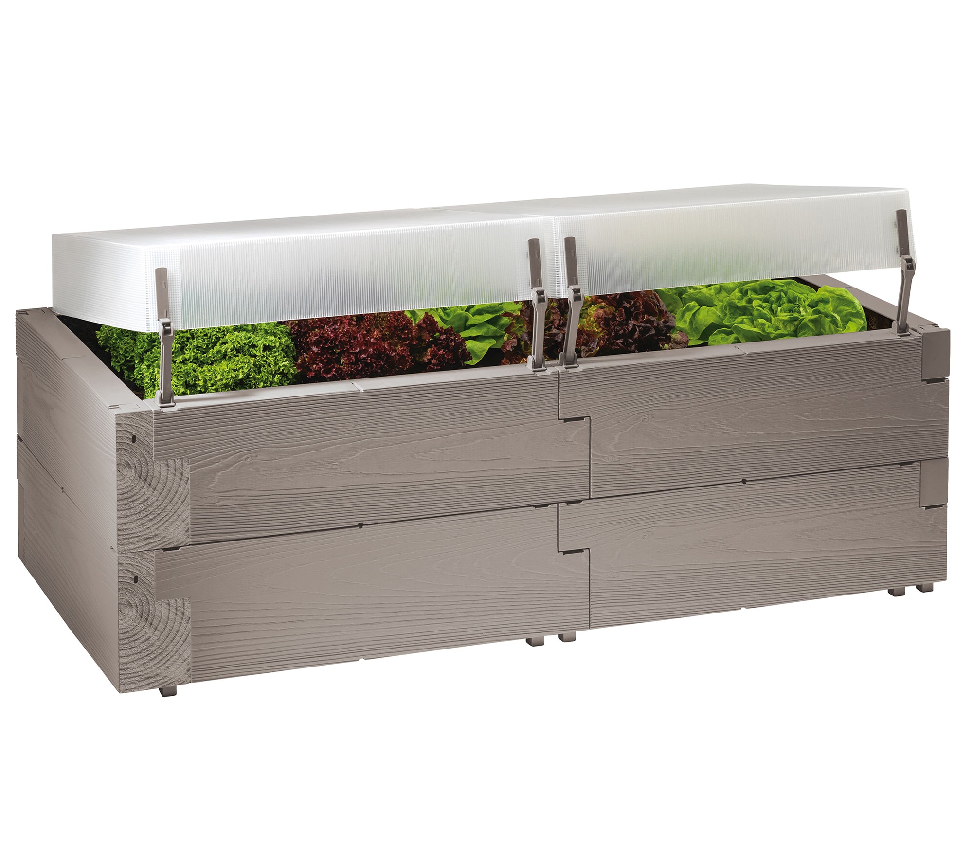 Poly Timber Raised Bed double high with weather-resistant wood-look plastic, clear polycarbonate cover, and green plants inside