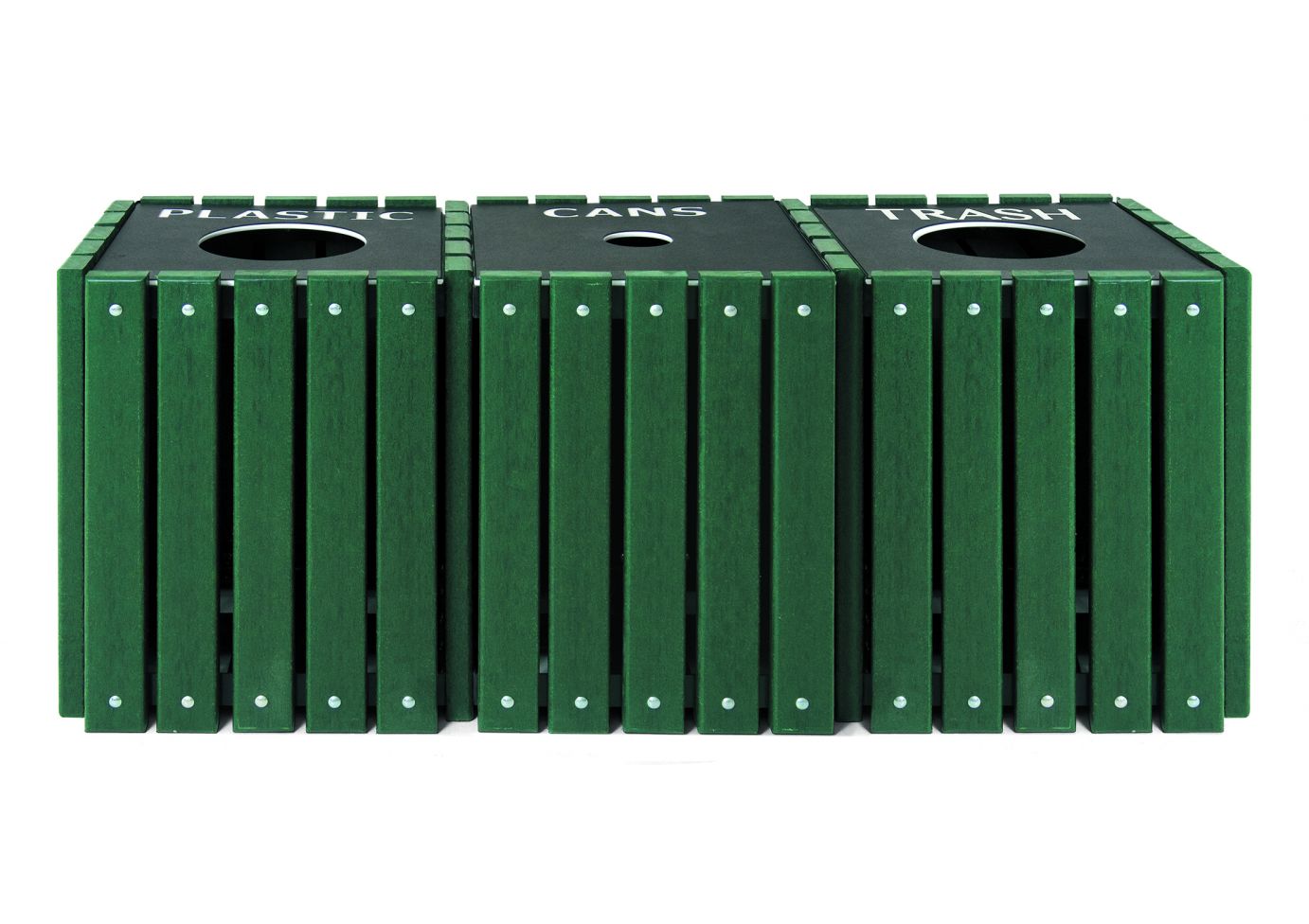 Triple green square recycled plastic recycling receptacle with black lids labeled for plastic, cans, and trash
