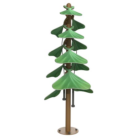 Outdoor musical instrument shaped like a tree with layered green aluminum leaves and hanging chimes, designed for interactive play