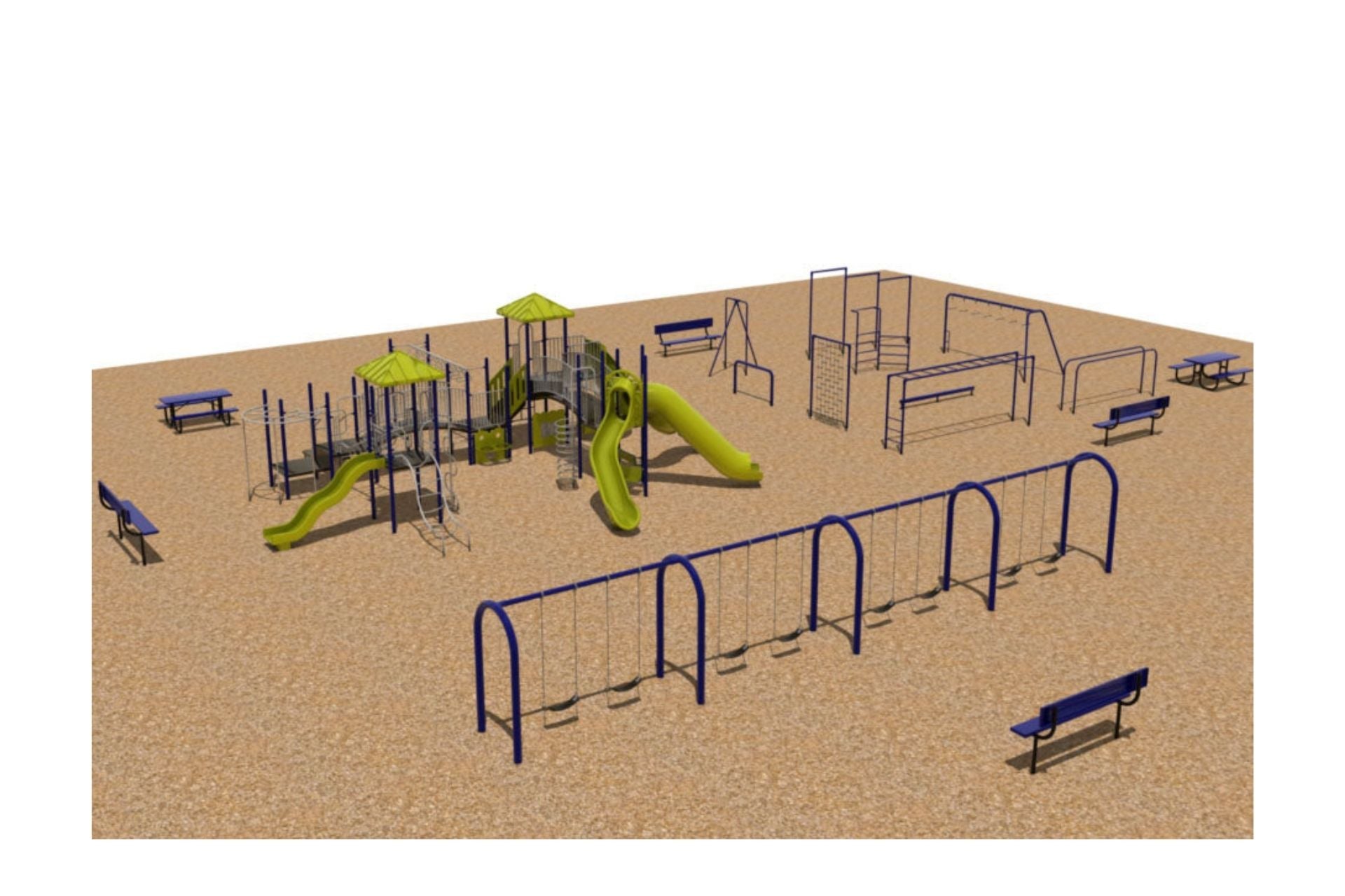 Tetons WillyGoat Complete Playground and Fitness Course with green slides, blue swings, climbing structures, and benches on wood chip ground