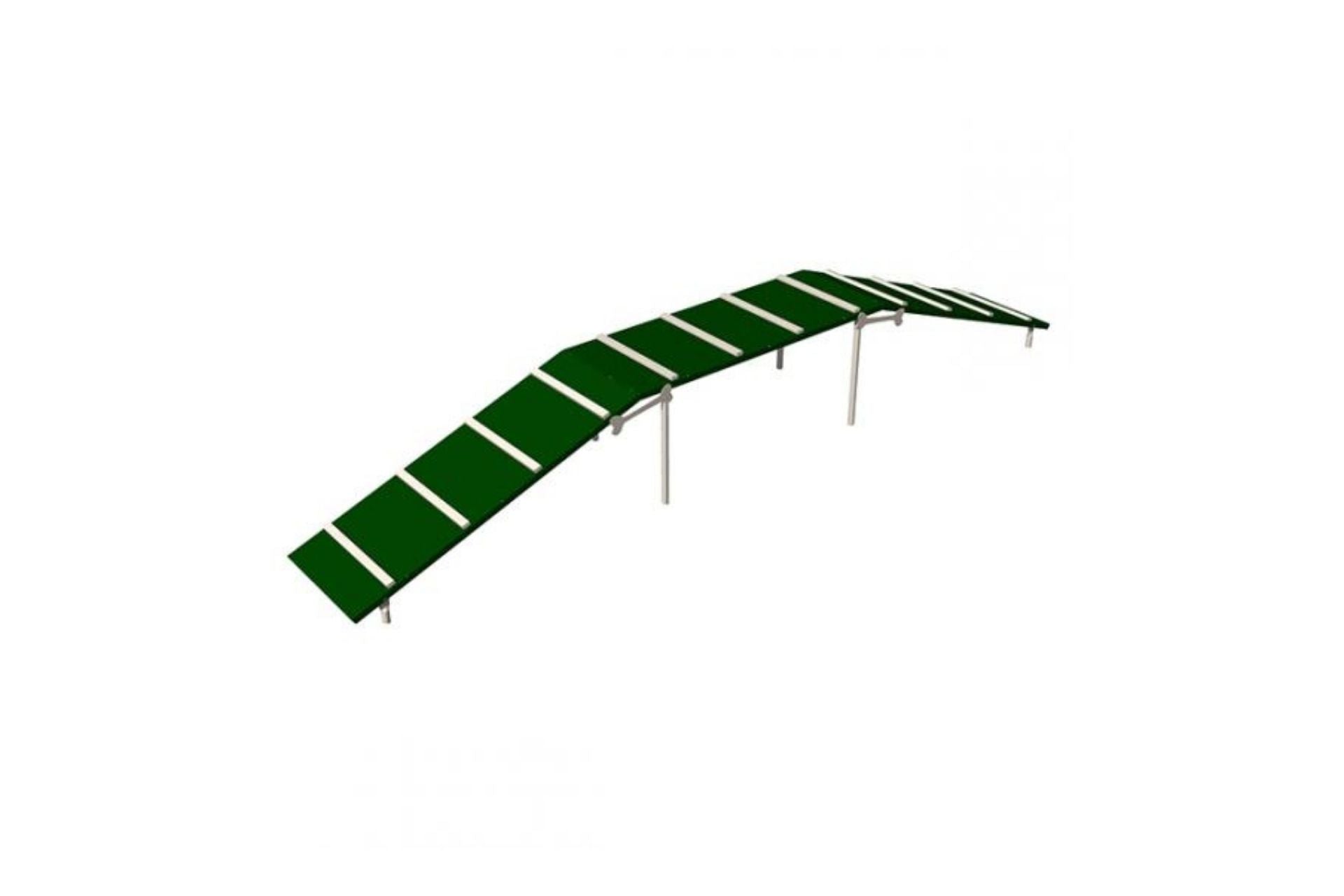 The Dog Walk dog park equipment with three green non-slip planks, white safety strips, and metal posts for canine balance and exercise