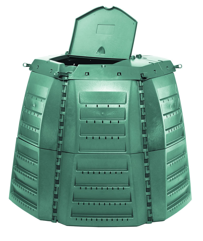 Green insulated compost bin with hinged lid and vented panels for garden waste, made from recycled plastic.