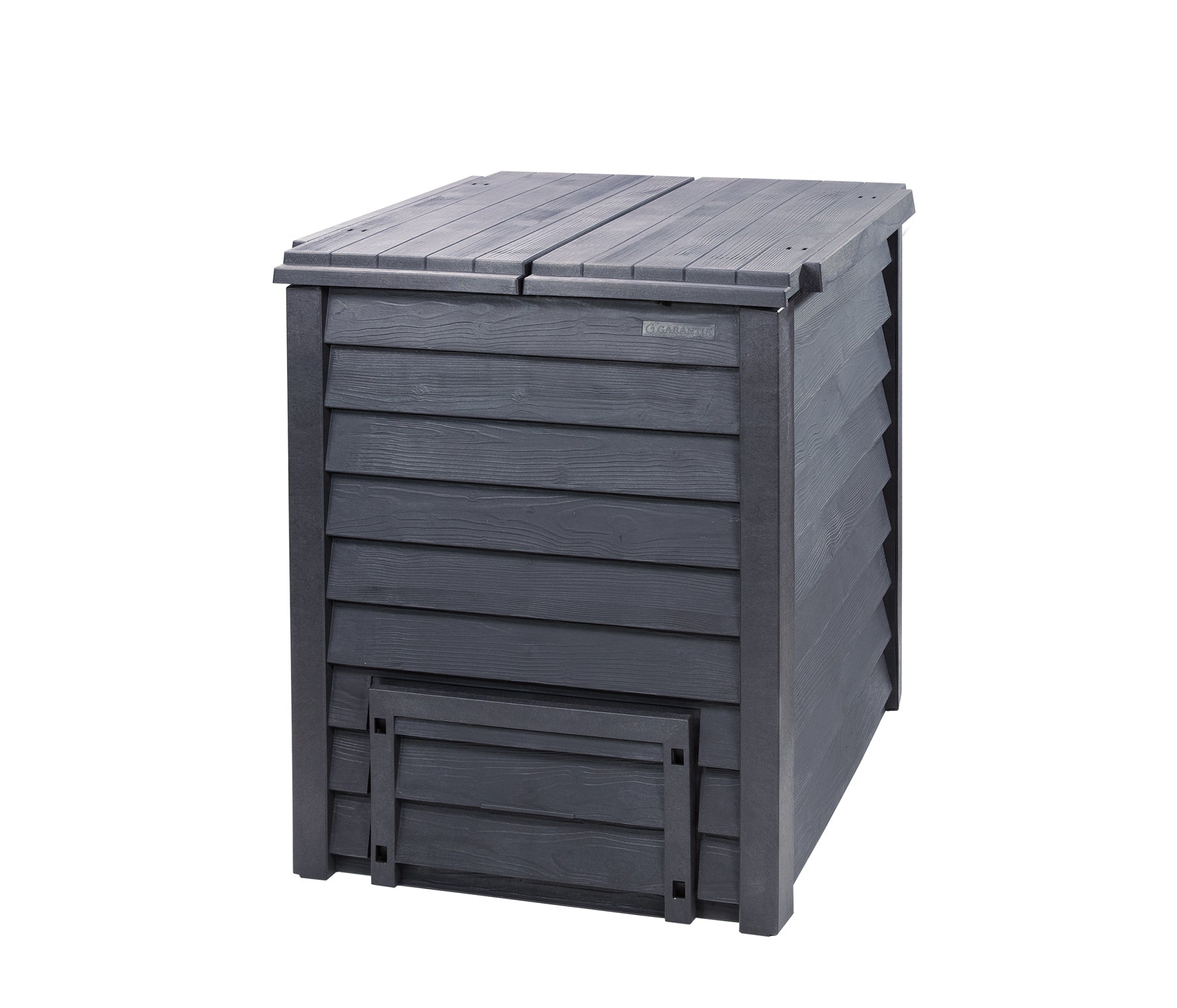 Thermo Wood Composter compost bin with wood grain texture, dual hinged lids, bottom removal doors, and hidden ventilation holes