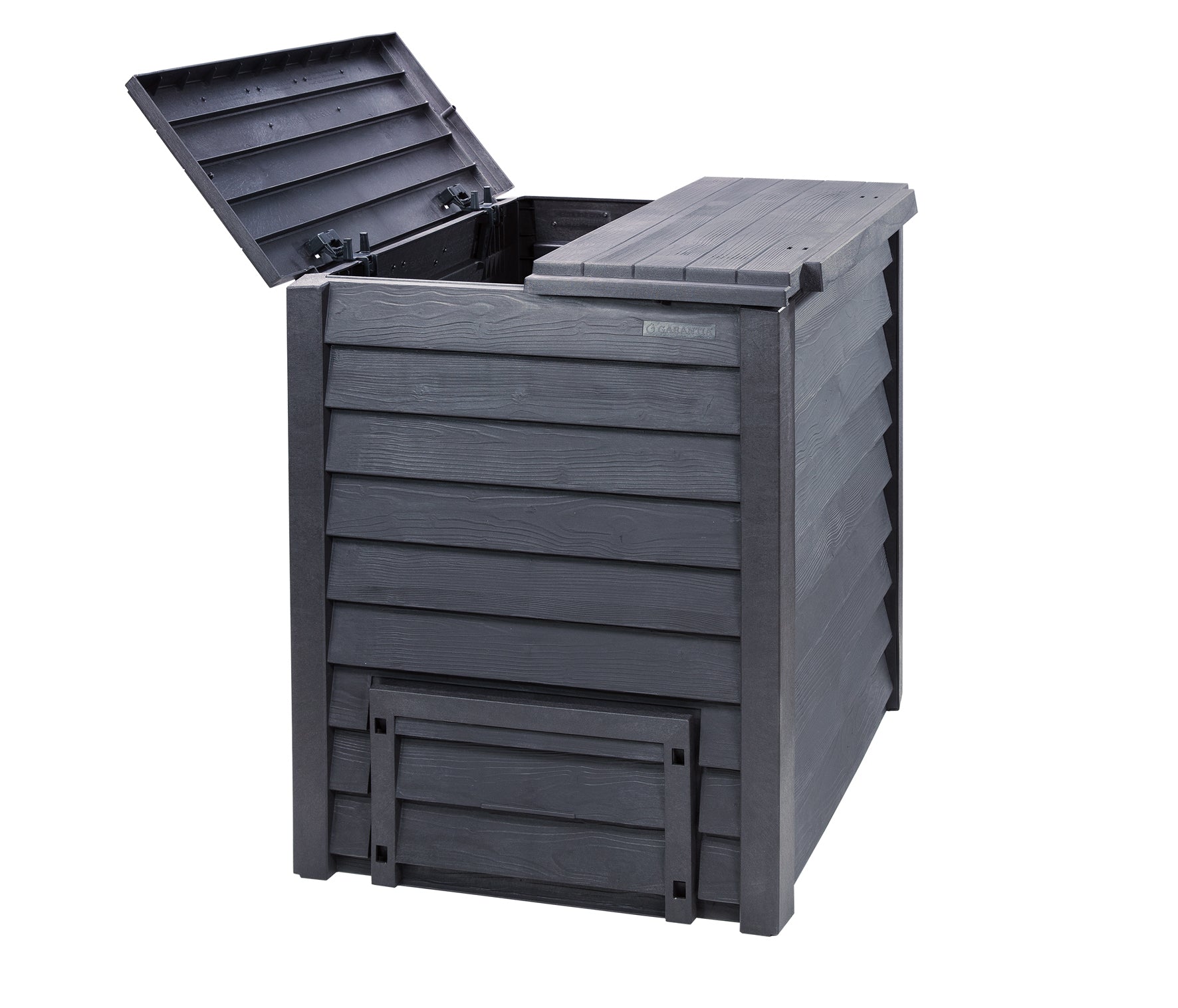 Dark gray compost bin with wood grain texture, dual hinged lids, bottom access doors, and ventilated side panels.