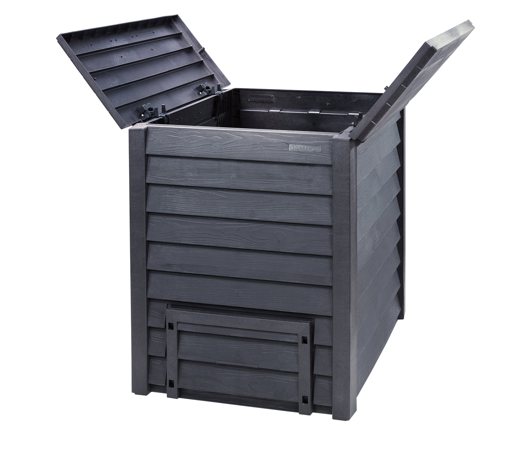 Large dark gray compost bin with wood grain texture, dual hinged lids, bottom ventilation doors, and rodent-proof soil grid.