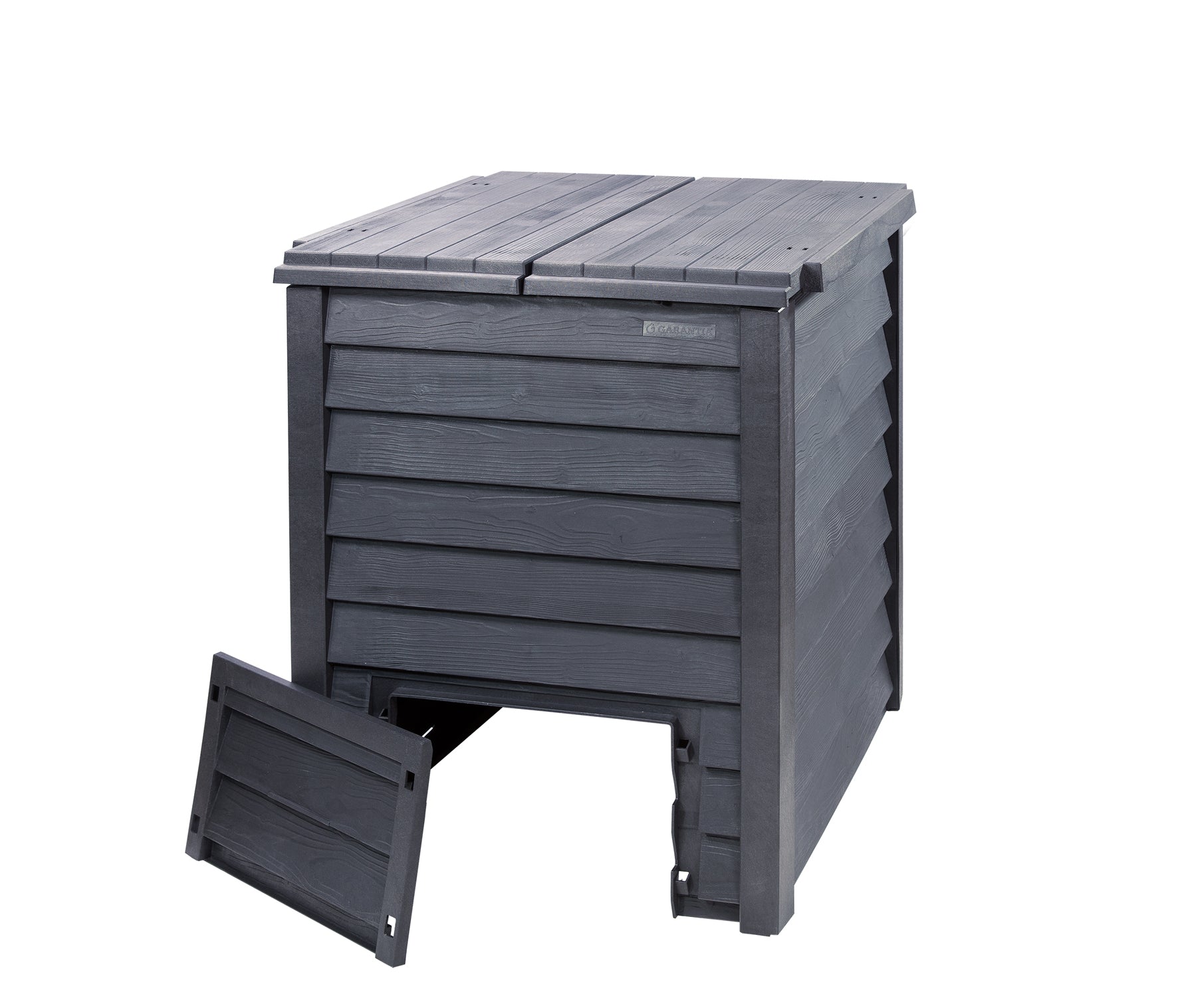 Dark gray insulated compost bin with wood grain texture, dual hinged lids, removable bottom door, and hidden ventilation holes.