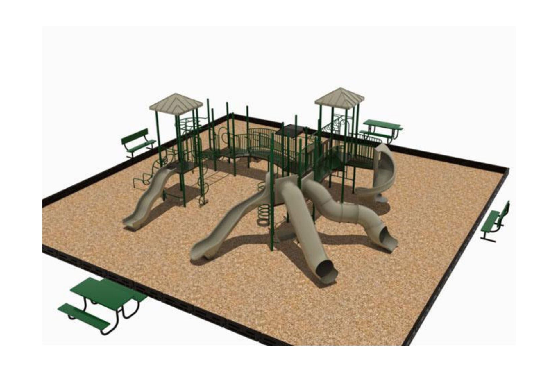 Thomas II Modular Playground with colorful slides, climbing structures, green benches, and picnic tables on wood chip ground