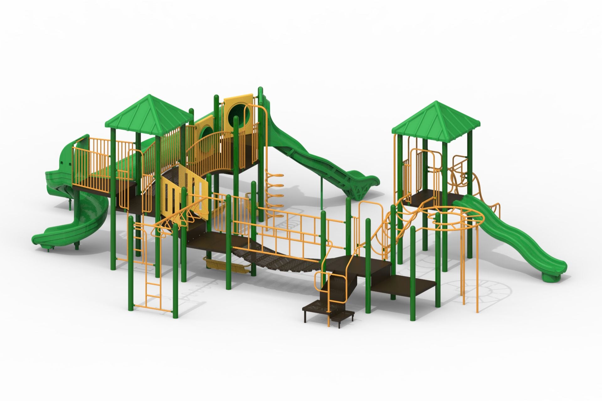 Large modular playground with green and yellow slides, multiple climbing structures, bridges, and play towers