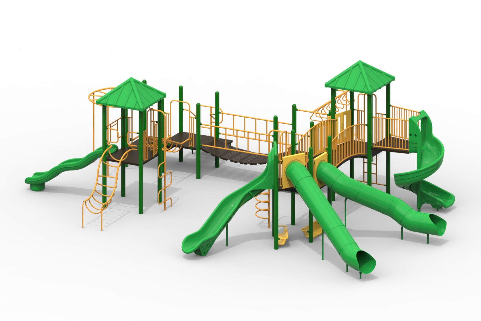 Outdoor modular playground with green slides, yellow climbing structures, bridges, and two green-roofed towers