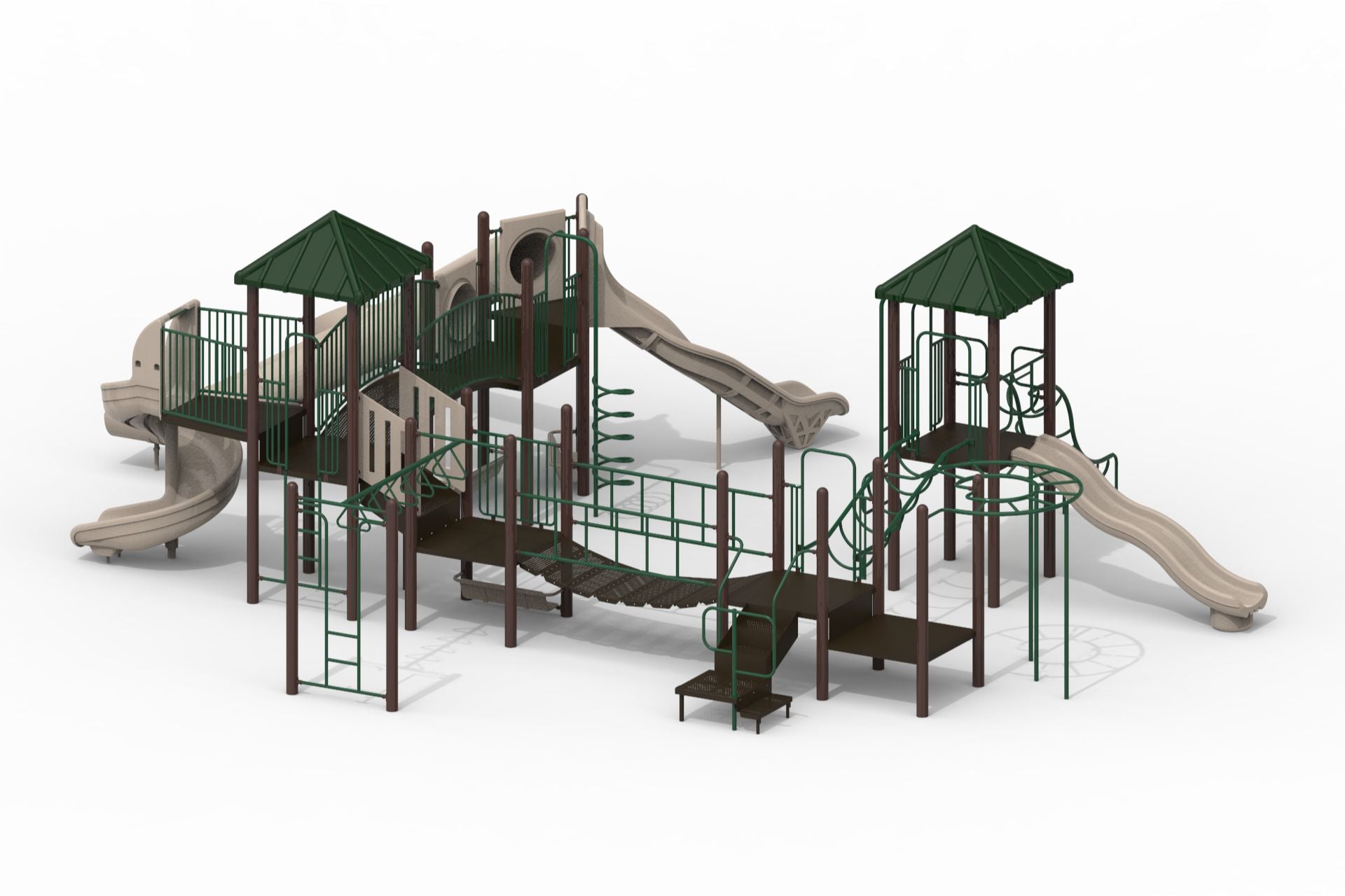 Large modular playground with multiple slides, climbing structures, bridges, and green roofs designed for active play and development.