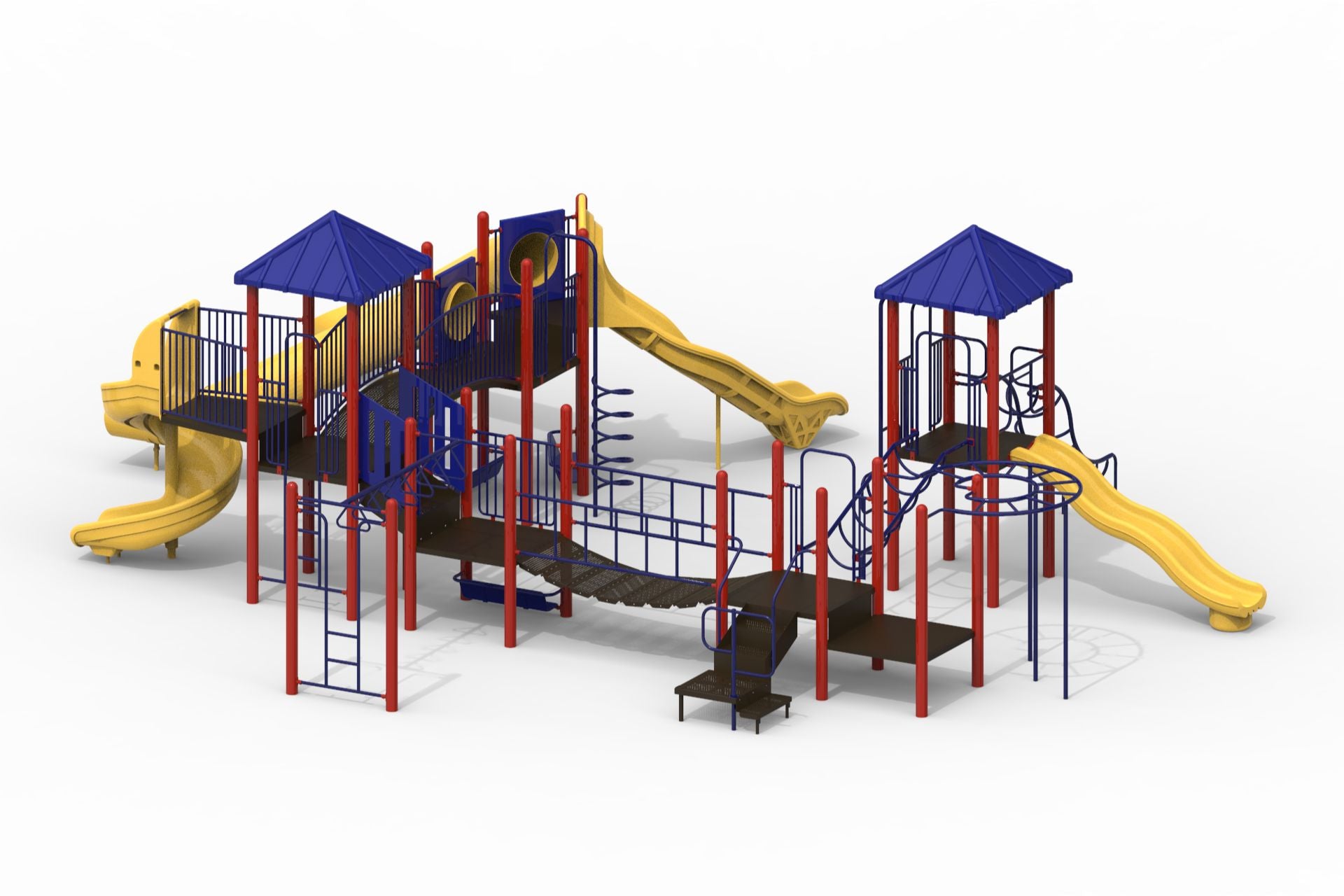 Modular playground with red posts, blue roofs, yellow slides, climbing structures, bridges, and multiple play features for active children
