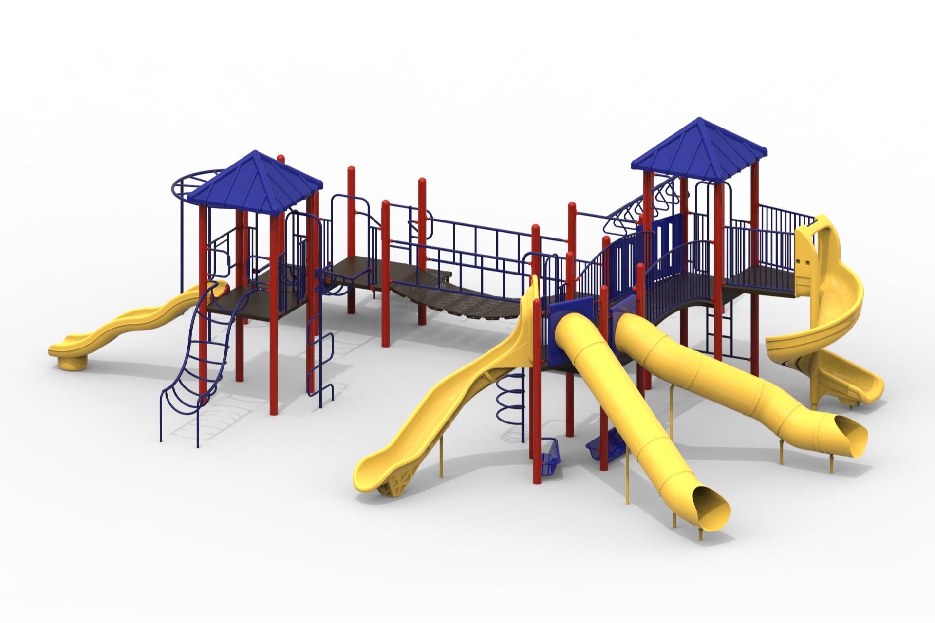 Modular playground with red uprights, blue roofs, yellow slides, climbing structures, bridges, and multiple play features
