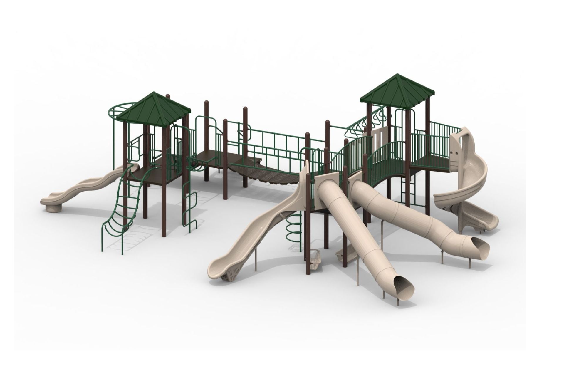 Thomas Mega Series Modular Playground with green roofs, beige slides, climbing structures, and connecting bridges