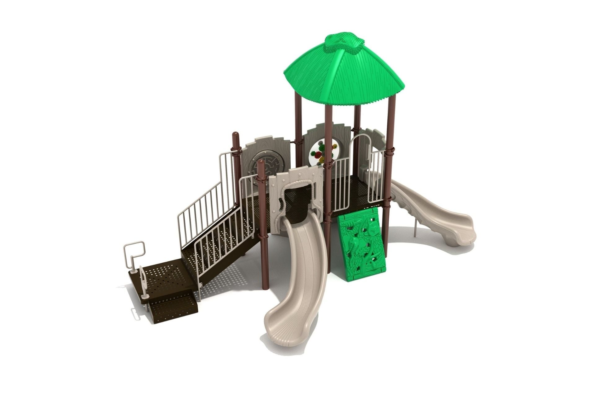 Tilly Tiger Playground with green clubhouse roof, accessible ramp, two beige slides, activity panels, and jungle climber panel