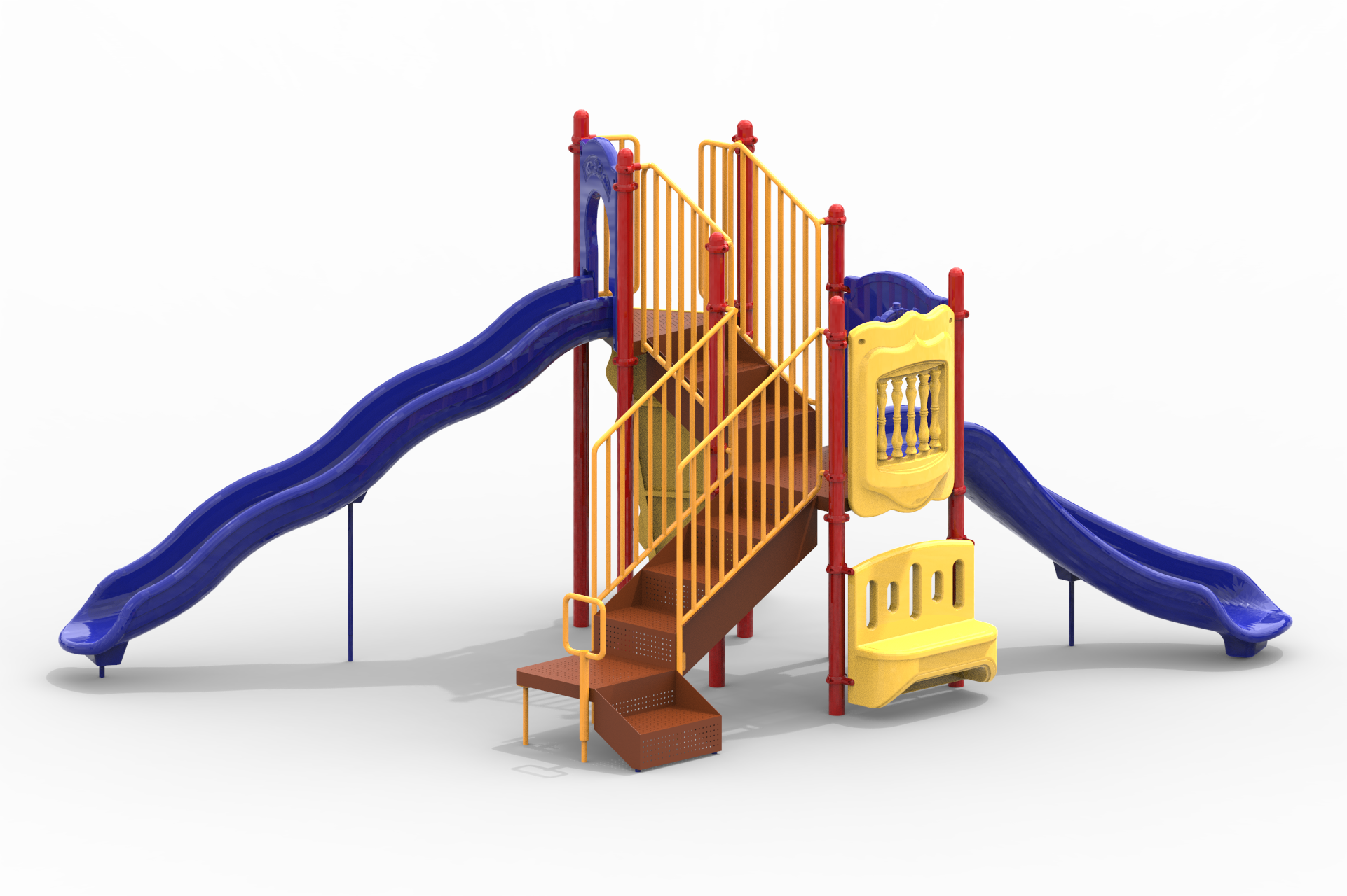 Colorful playground structure with two blue slides, brown stairs with yellow railings, and yellow play panels.
