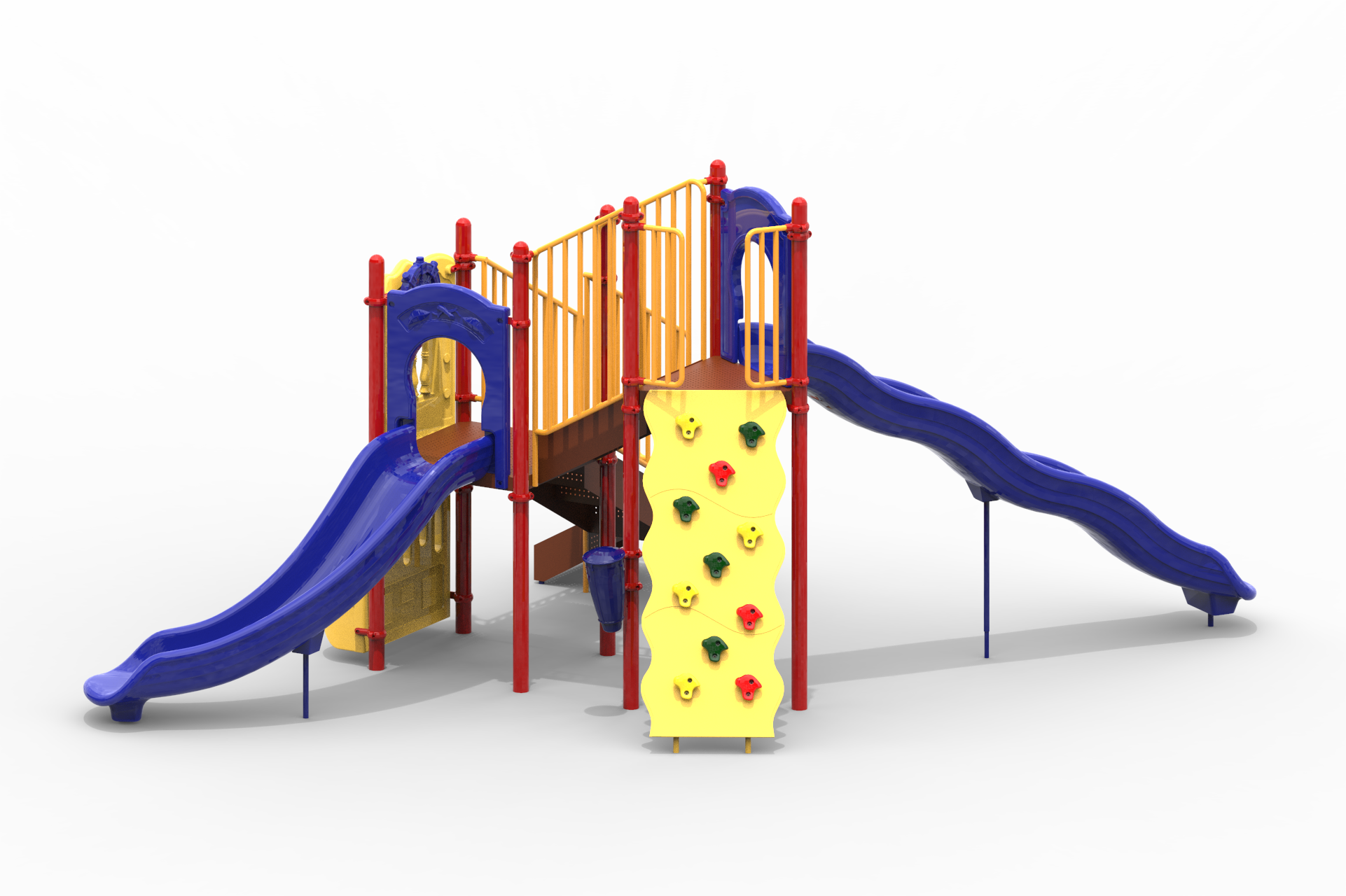 Colorful playground structure with two blue slides, yellow rock climbing wall, and red support posts