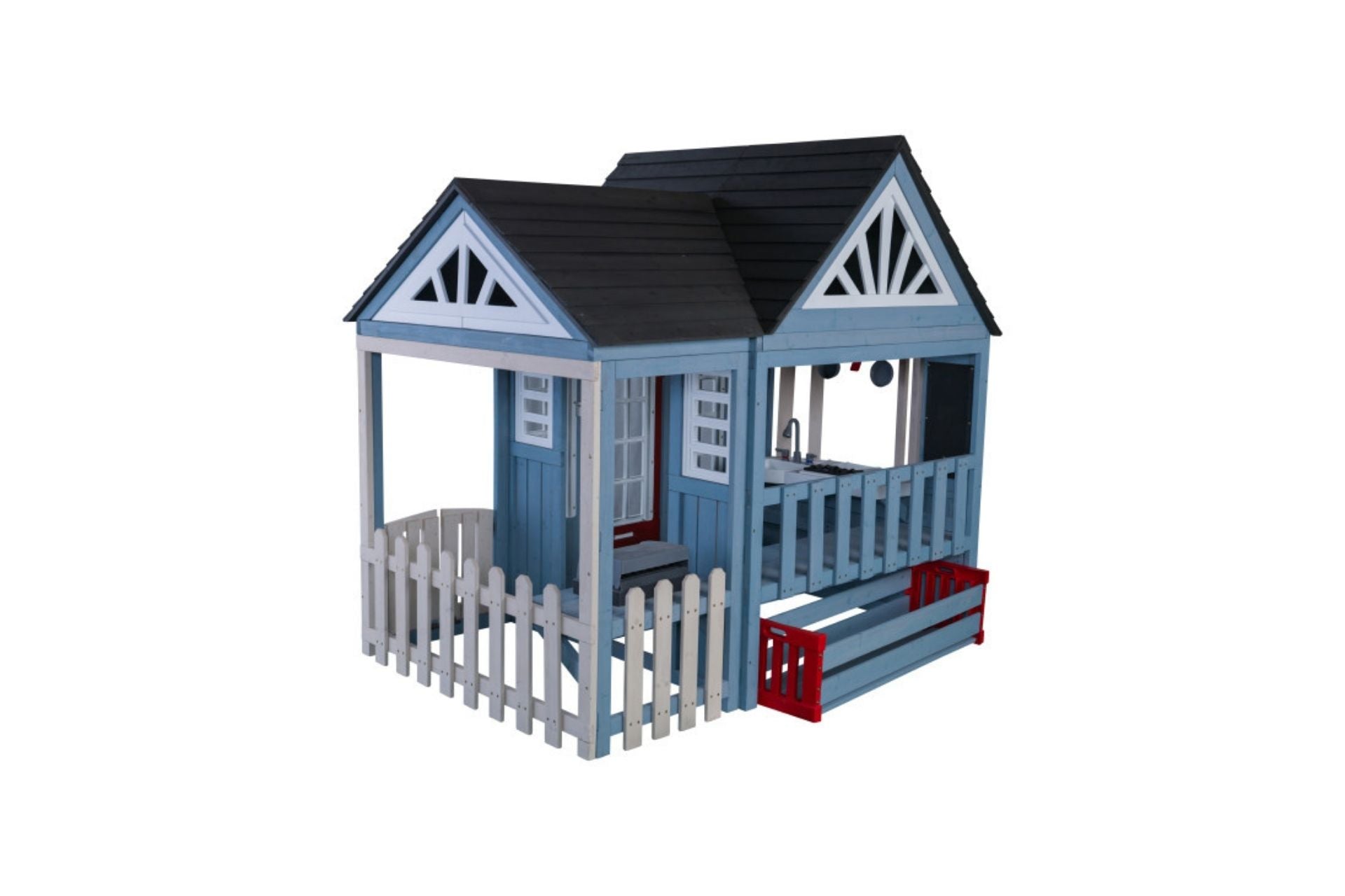 Blue wooden playhouse with black roof, white picket fence, red planter box, and covered patio featuring a play kitchen and grill set.