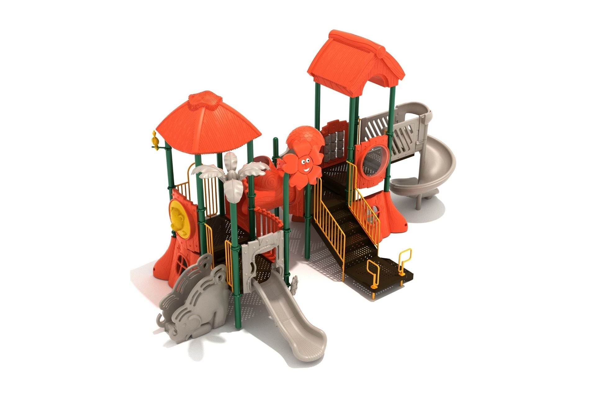 Timmy Toucan Playground with orange clubhouse roofs, animal-themed panels, double straight slide, and spiral slide
