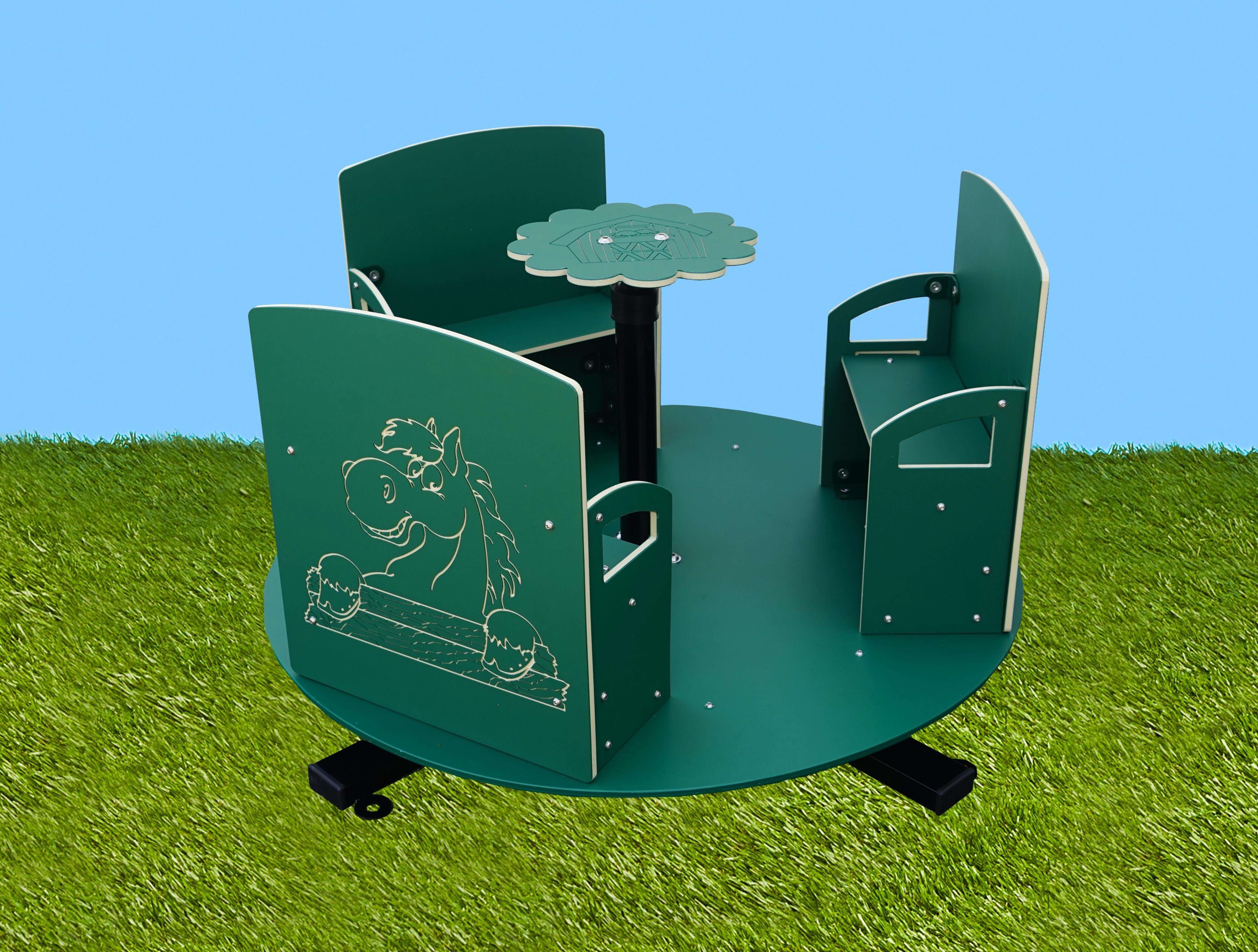 Green farm-themed toddler spinner with three animal seats (dog, frog, bear) and central hand wheel on artificial grass
