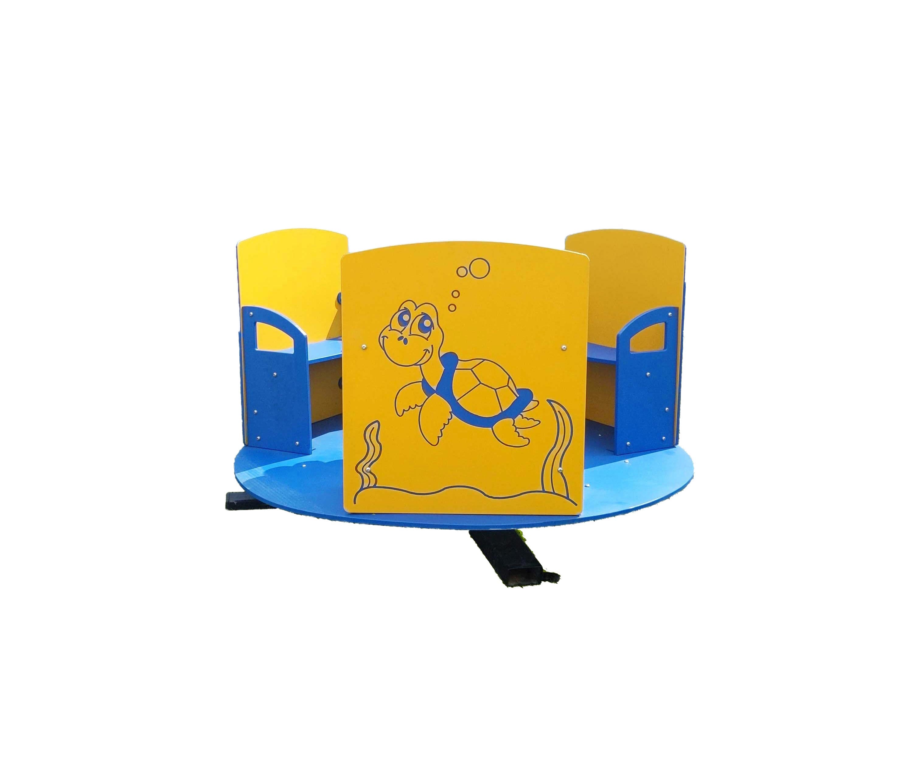 Toddler spinner with three blue seats featuring dog, frog, and bear illustrations, yellow panels, and central hand wheel