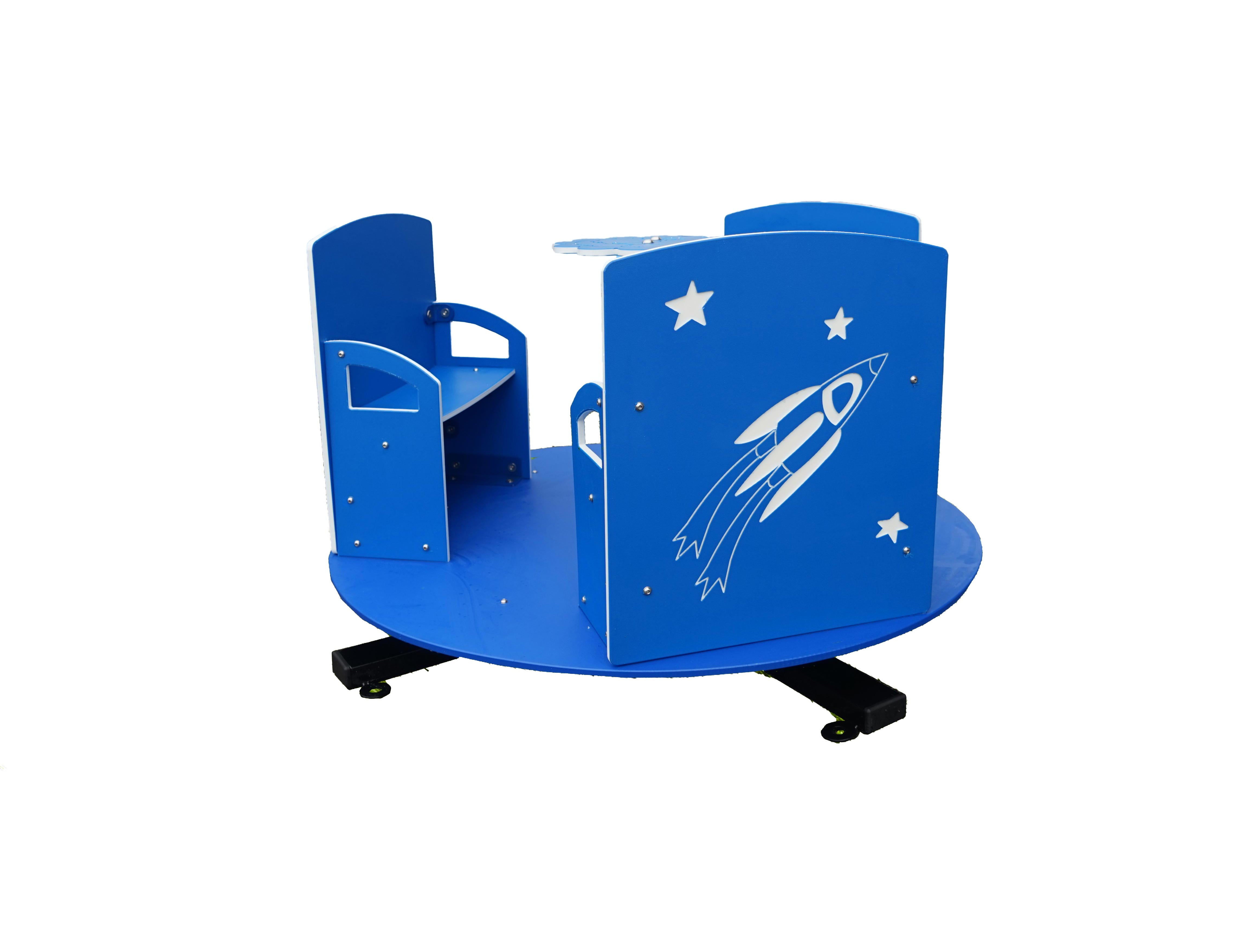 Blue space-themed children's spinner with three seats featuring dog, frog, and bear figures, safety handles, and star cutouts.