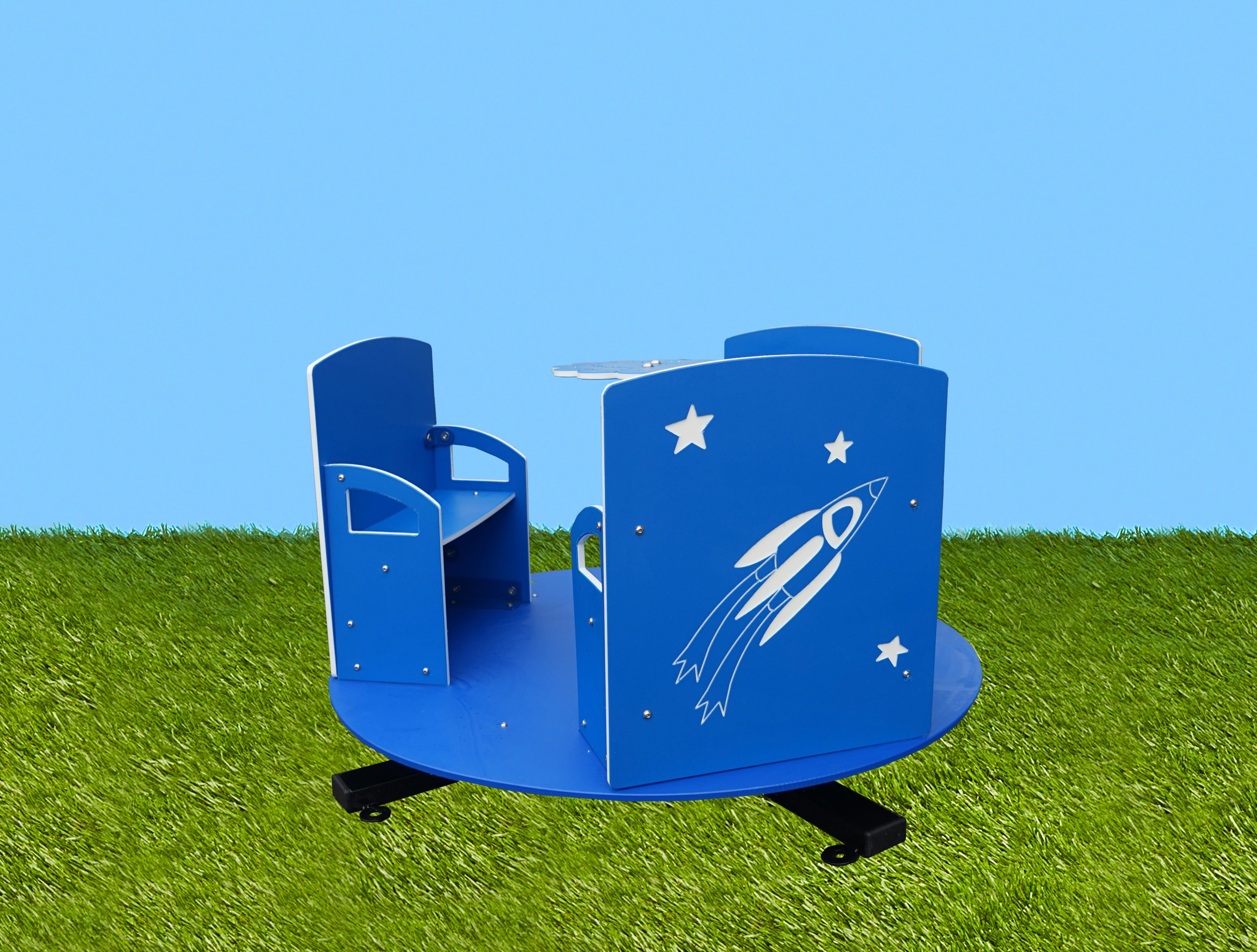 Blue children's merry-go-round with rocket and star cutouts, three animal-themed seats with handles on artificial grass