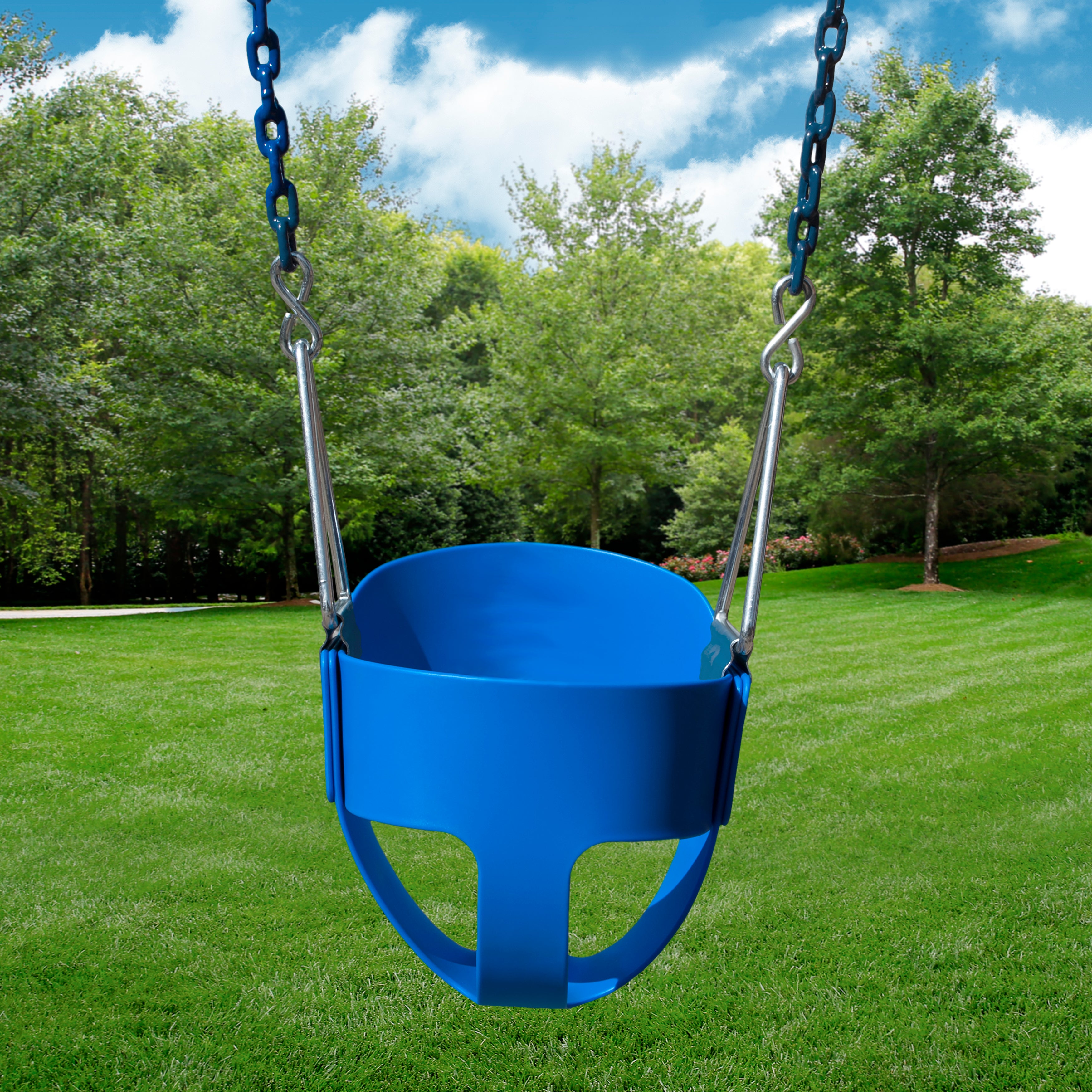 Blue toddler bucket swing with molded seat and coated chains hanging outdoors on green grass