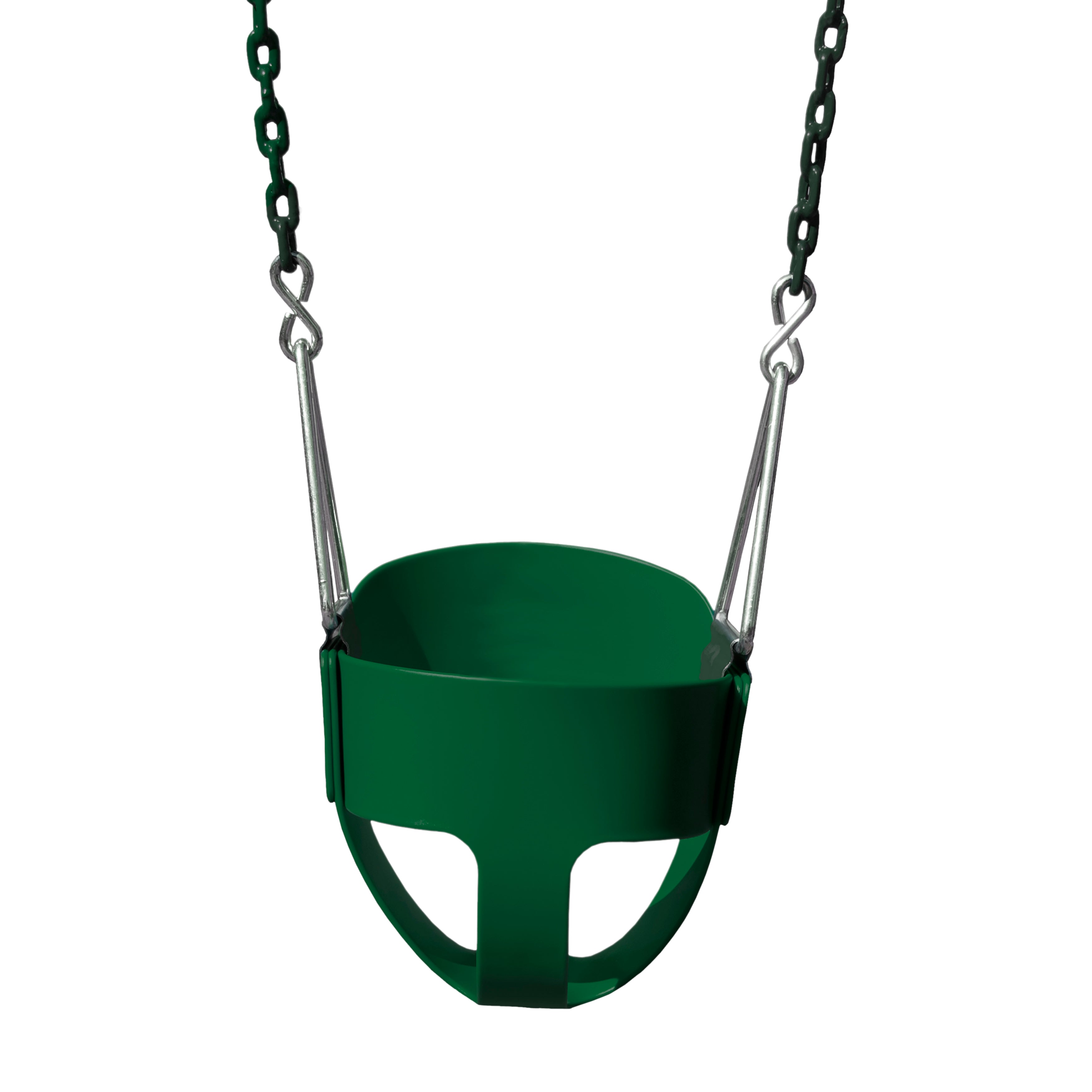 Green toddler bucket swing seat with coated chains and galvanized hangers, molded UV-resistant plastic design