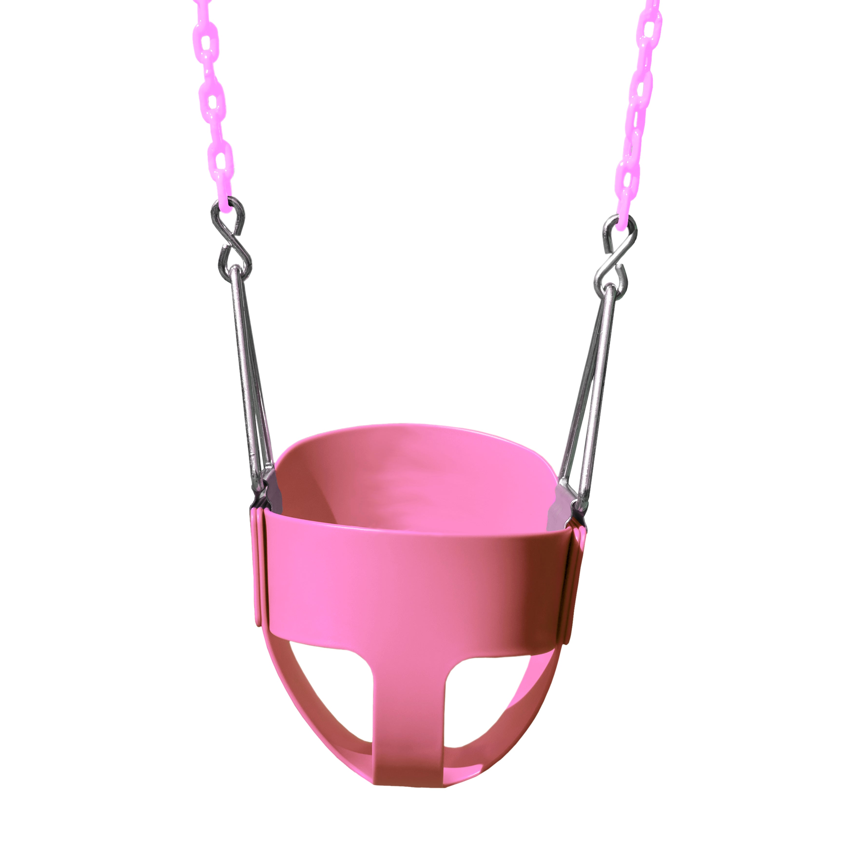 Pink toddler bucket swing seat with galvanized hangers and plastic-coated chains for playground use